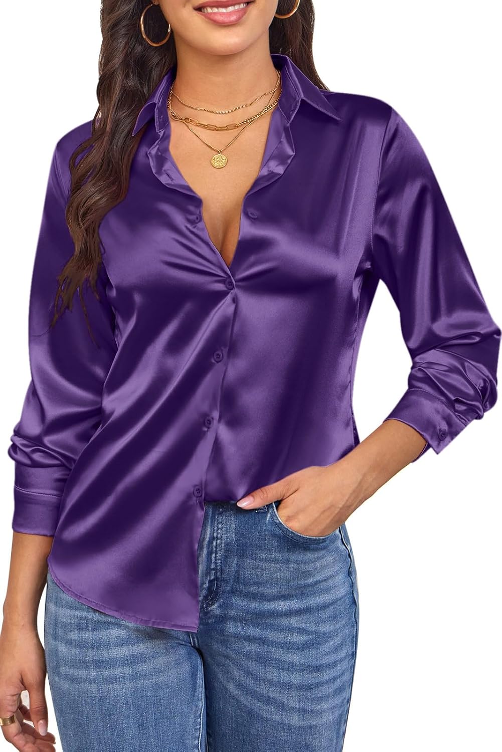 CBOO Womens Soft Satin Silk Button Down Shirt Long Sleeve Blouse Silky Smooth Subtle Shine Blouses Tops