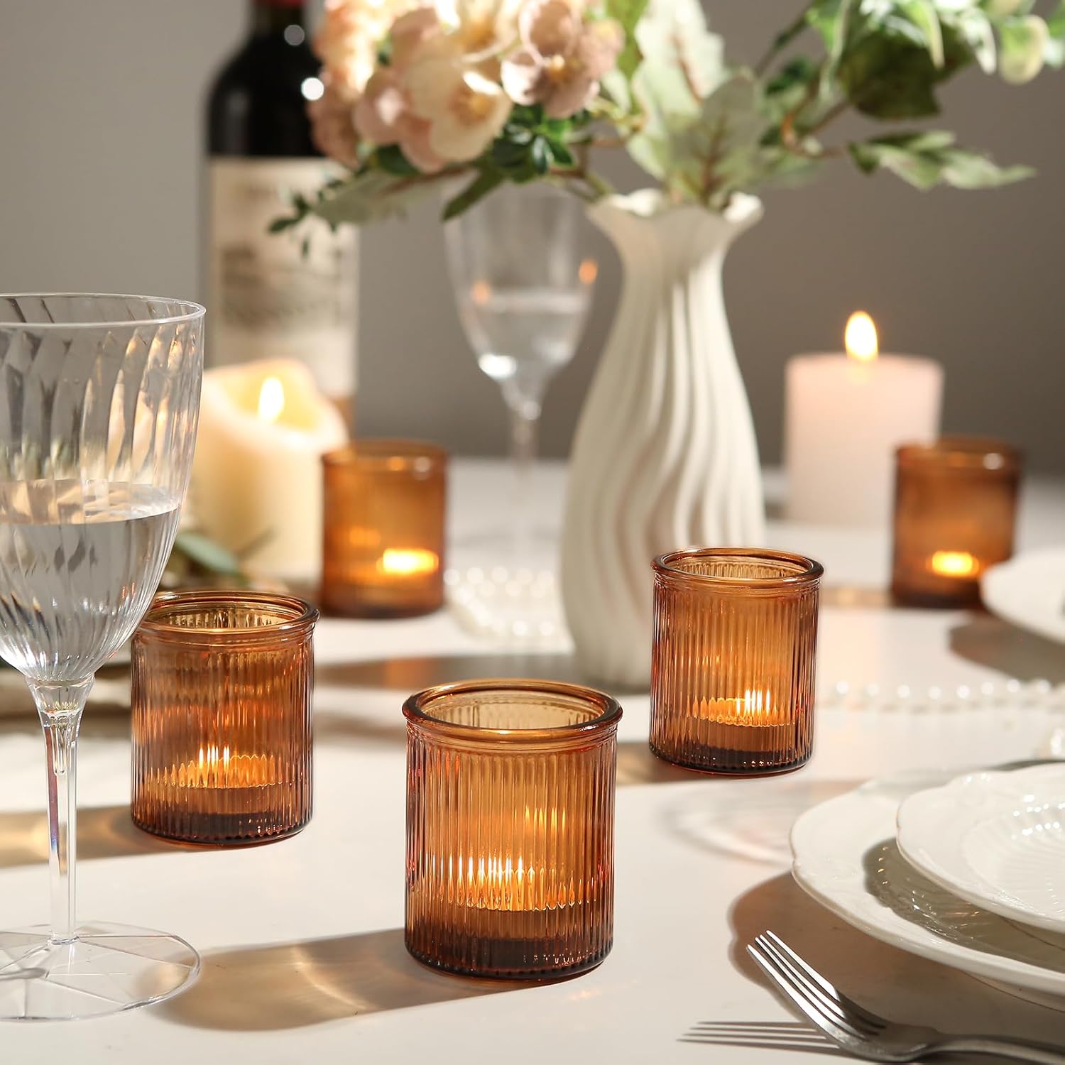 36pcs Amber Votive Candle Holders, Ribbed Glass Tea Light Candle Holder, Candle Votives for Wedding Centerpiece & Home Decor - Image 5