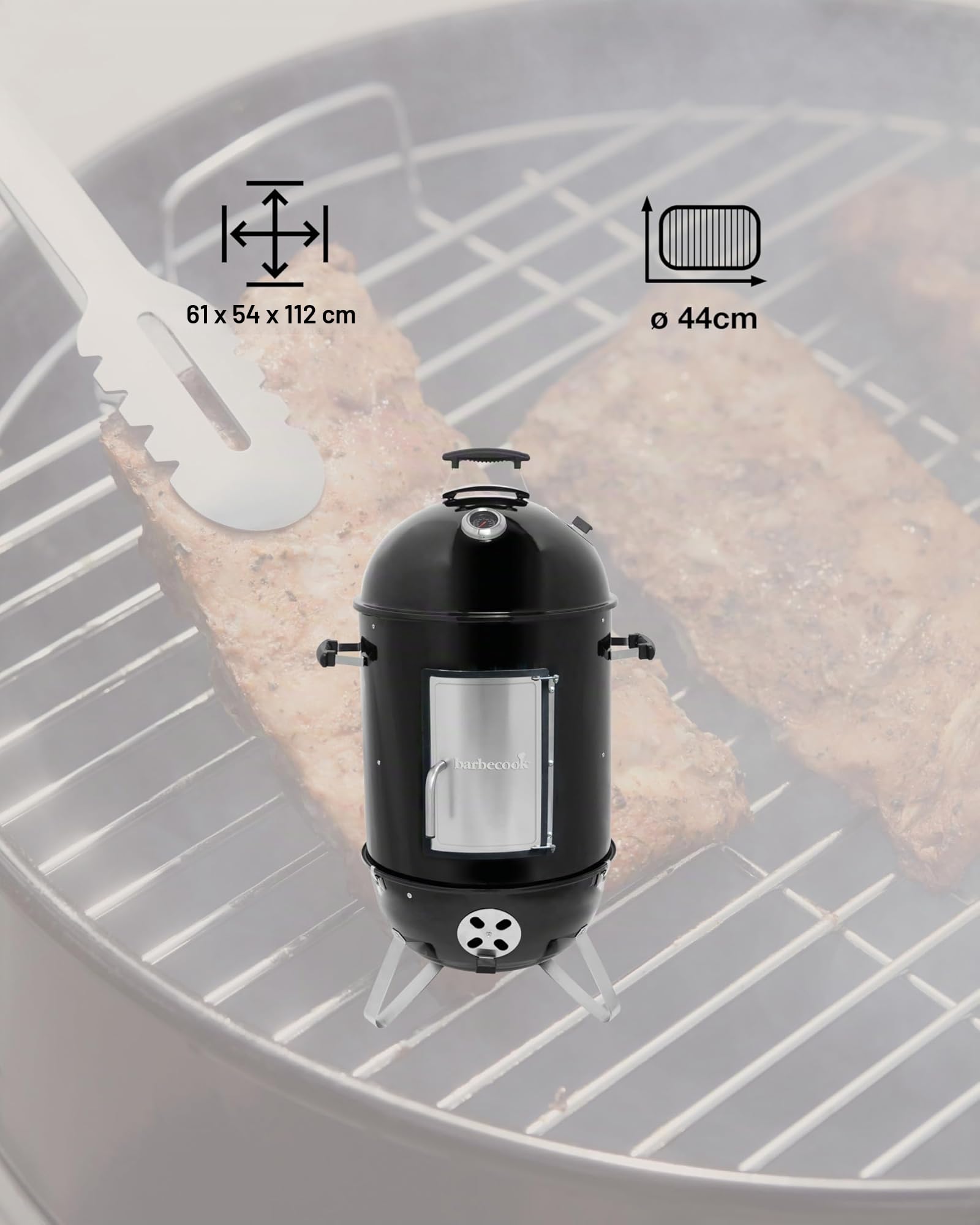 Barbecook Oskar M 3-in-1 smoker, affumicatore, barbecue e braciere per affumicatura a caldo e a freddo, smalto nero, griglia 44cm, 61X54X112cm