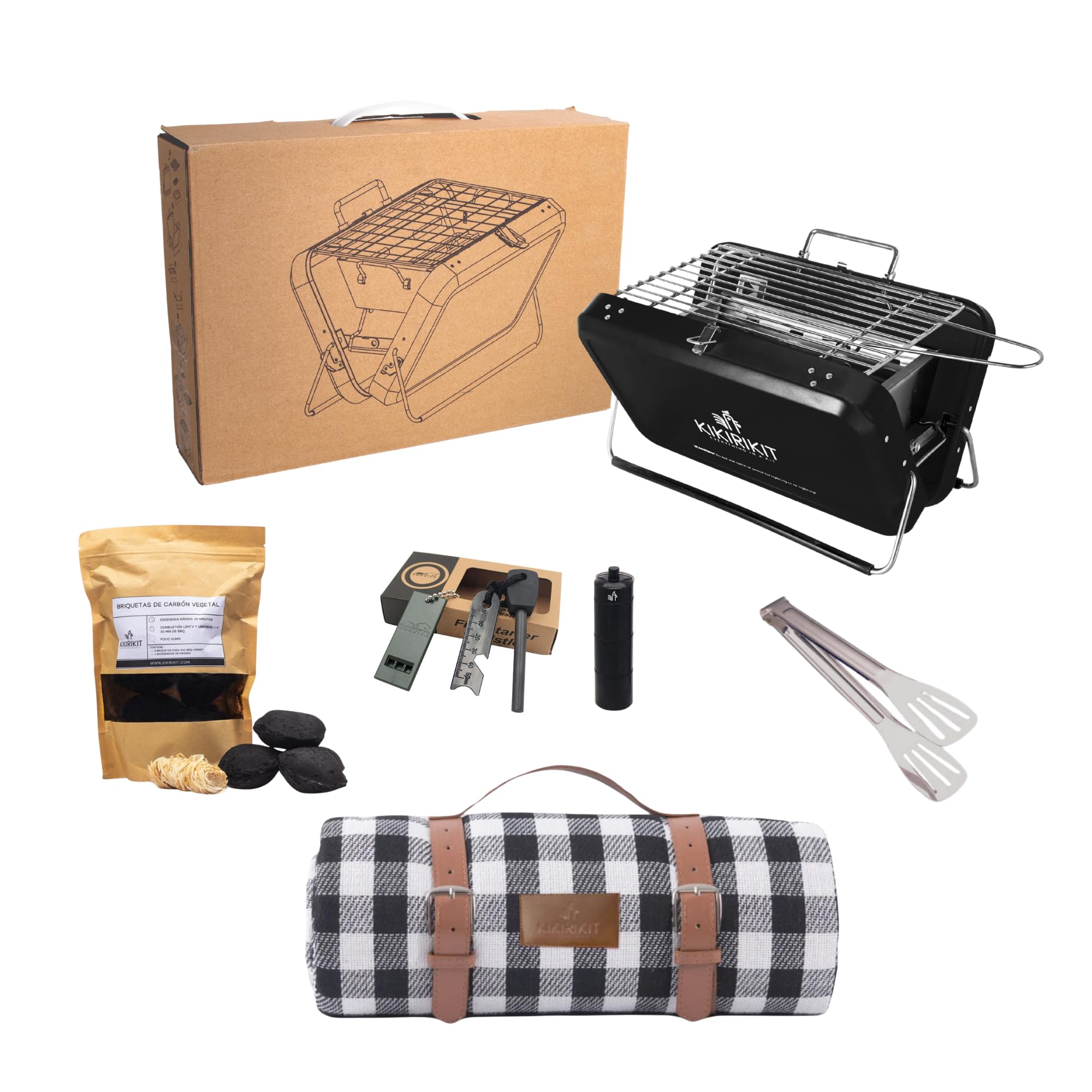 Barbecue à charbon KIKIRIKIT portable en acier inoxydable noir avec accessoires