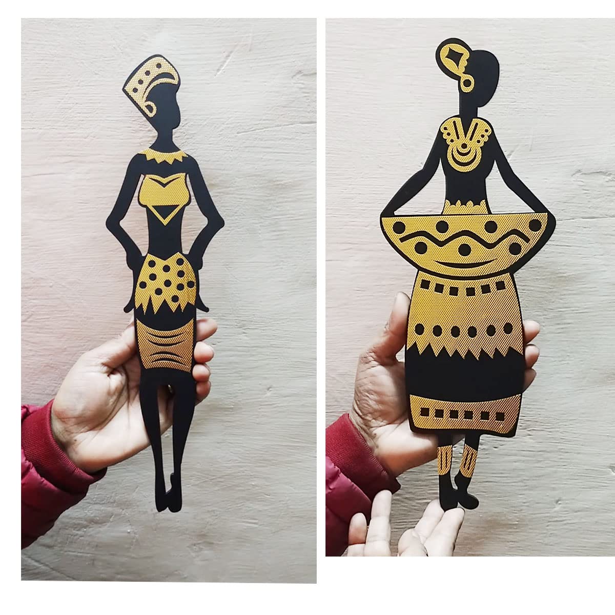 300Sparkles Tribal Women 4 Pcs. Set Golden And Black Wooden Wall Decor Home Decorative Items Living Room Office Decoration Wall Art Hanging Black (Style-2), Pre-Pasted, 30.5 cms 3
