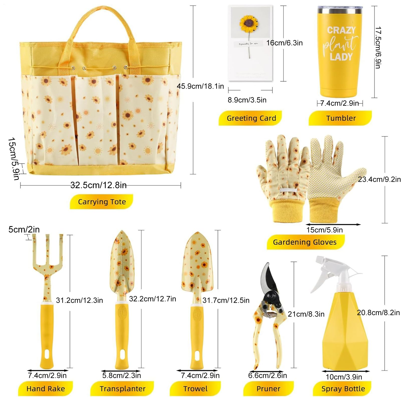 Attrezzi da Giardinaggio Manuali Robusti ed Ergonomici con Motivo Girasole | Kit con Rastrello Pala e Cesoie da Potatura Per Piantumare Diserbare Giardinieri Principianti Anziani e per Esterni
