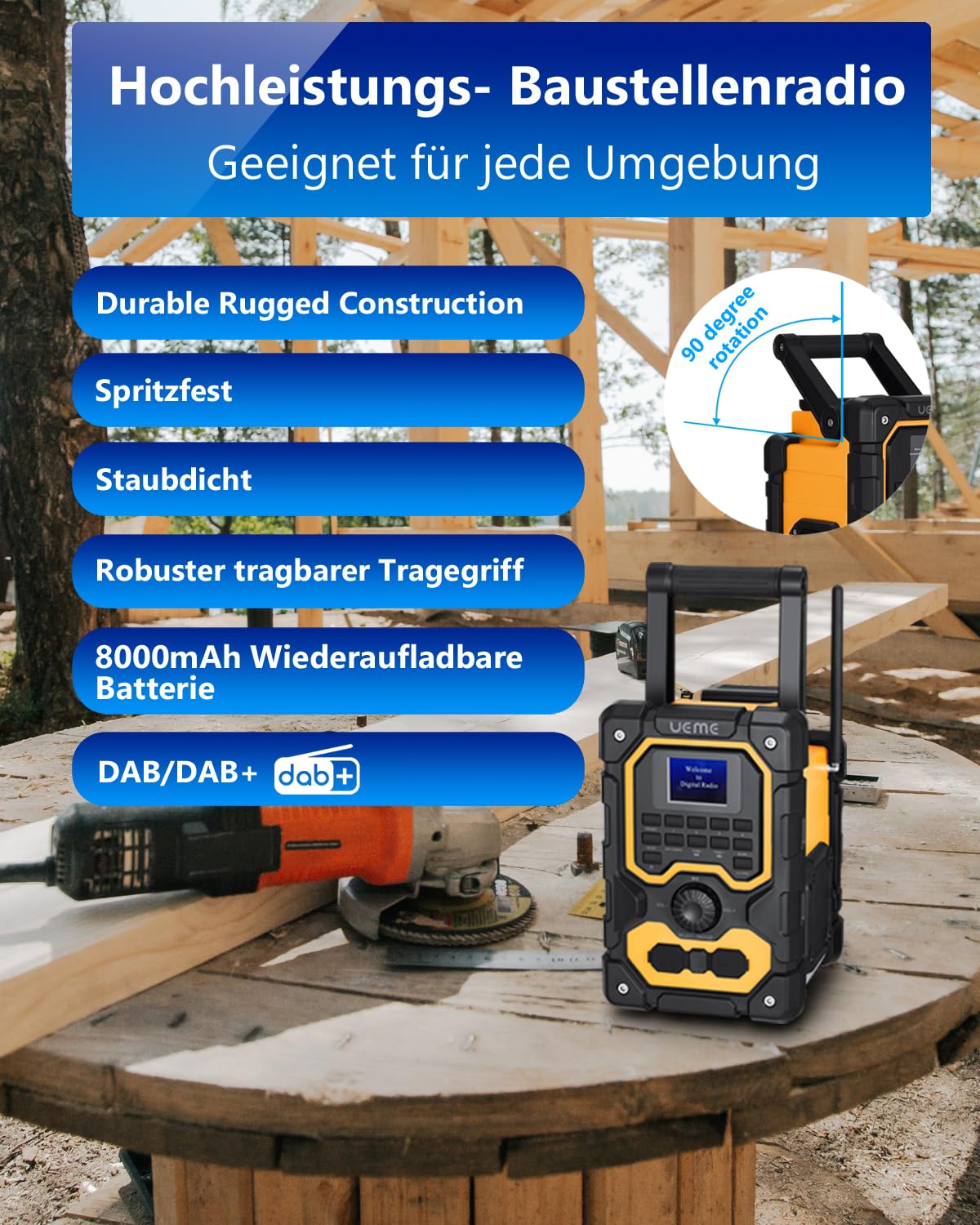 Baustellenradio Robustes DAB+ FM Radio mit Bluetooth 5.0, 16W Stereo-Lautsprecher, 8000mAh Akku bis 18h Spielzeit, USB Handy-Ladeanschluss, Aux Anschluss, Spritzwassergeschützt & Staubdicht(Gelb)