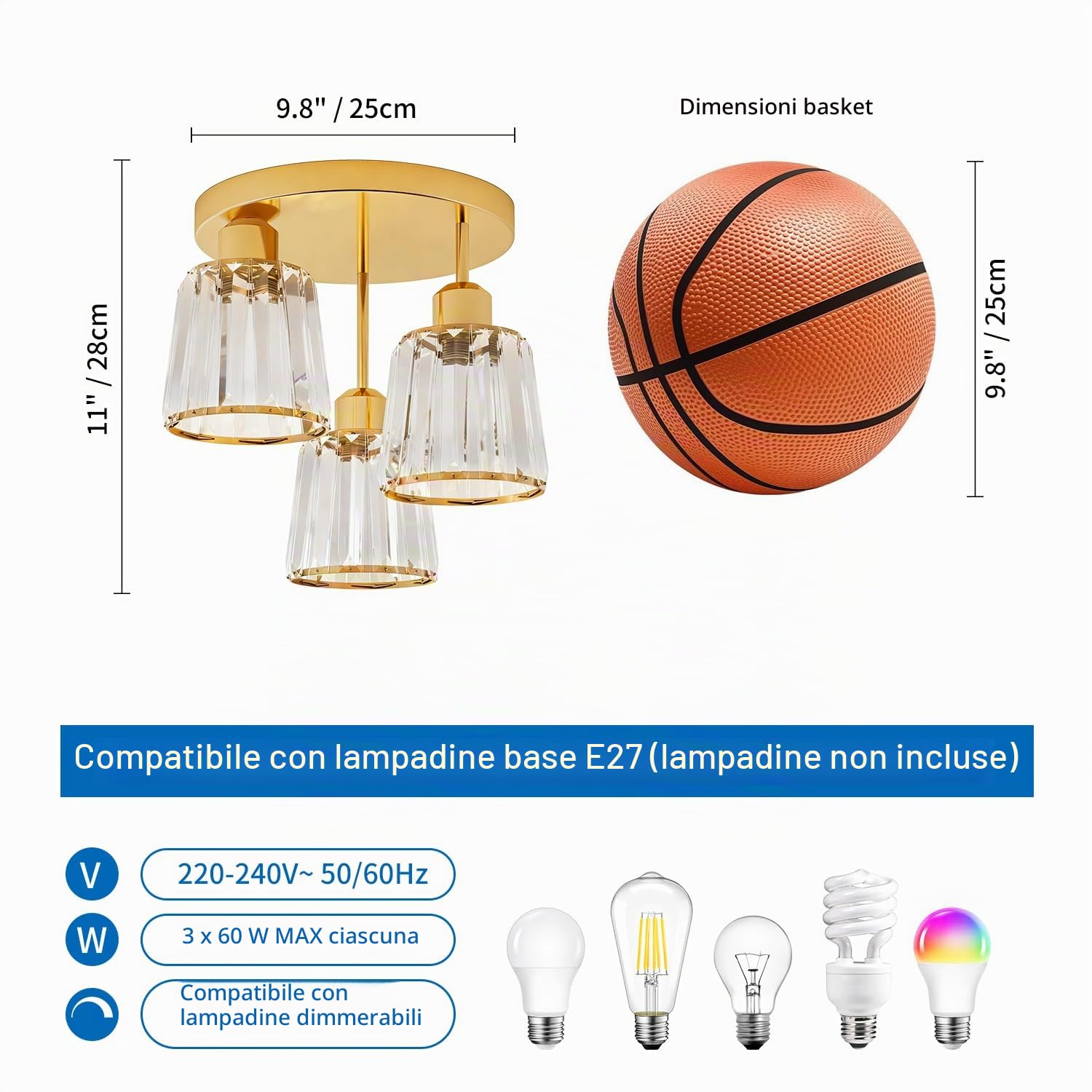 ANWIO Lampadario Soffitto Cristallo Oro, Plafoniere da Soffitto Moderno 3 Luci, Plafoniera Soggiorno E27, Lampadario in Cristallo con 3 Paralume in Vetro Per Camere da Letto (Senza Lampadine)