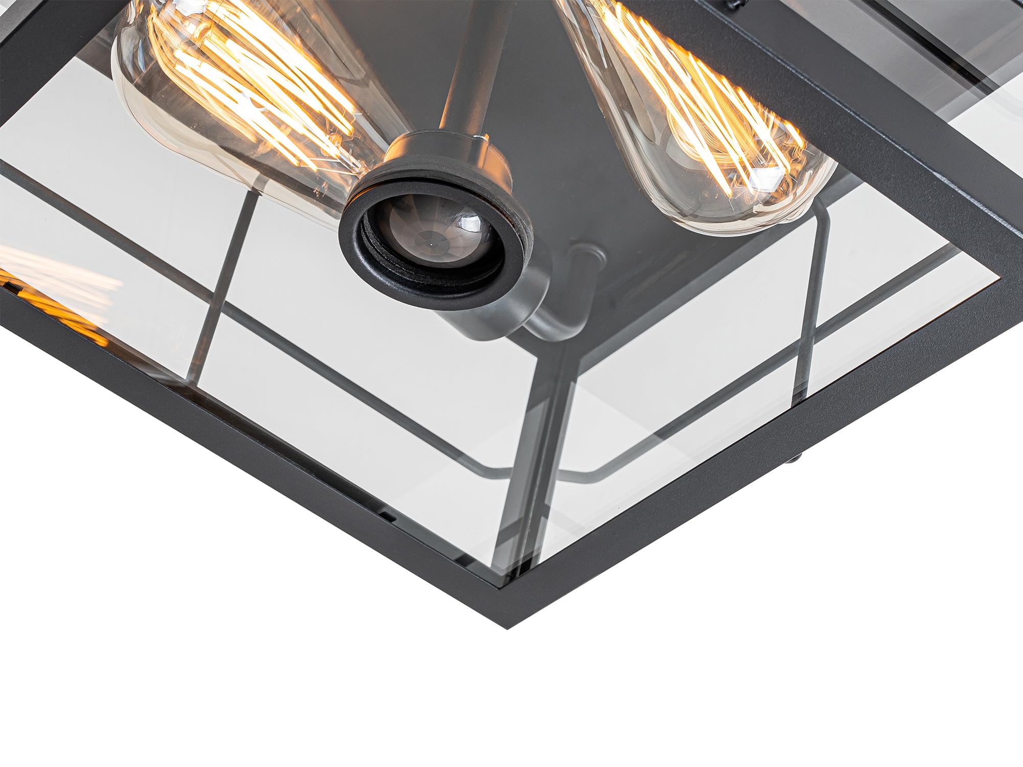 CALOKES Lámpara De Techo De Montaje Al Ras Con Sensor De Movimiento Industrial Para Exterior, Lámpara De Techo Cuadrada De Vidrio Ondulado En Agua Color Negro De 2 Luces Para Porche