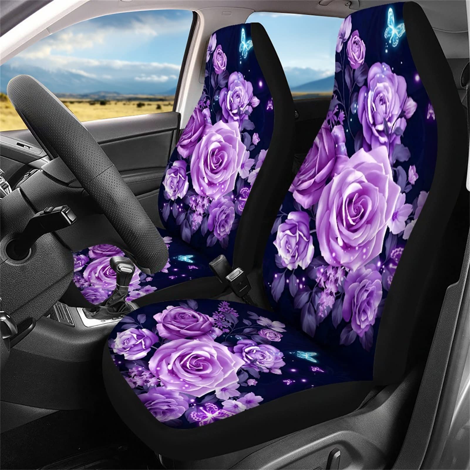Auto-Zubehör mit violetten Rosen und Schmetterlingen, komplettes Set, 4-teilig, 2 Autositzbezüge + 2 Rücksitzschoner, geteilte Bankabdeckung, Schalensitz