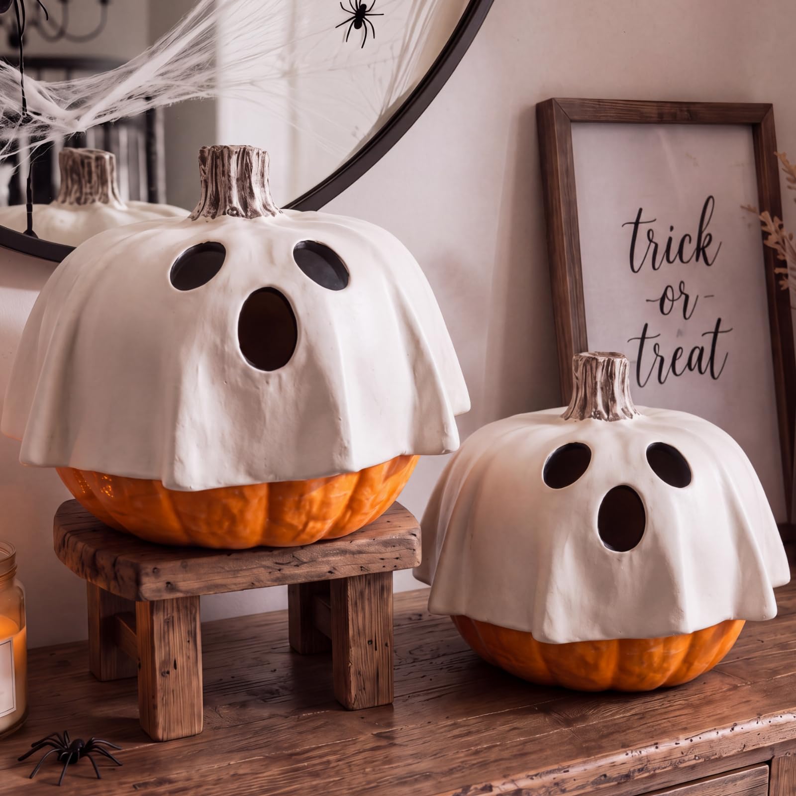 View 1 of 2 Halloween Ghost Pumpkin Decor 7" 6" Resin Ghost Pumpkin Centerpieces