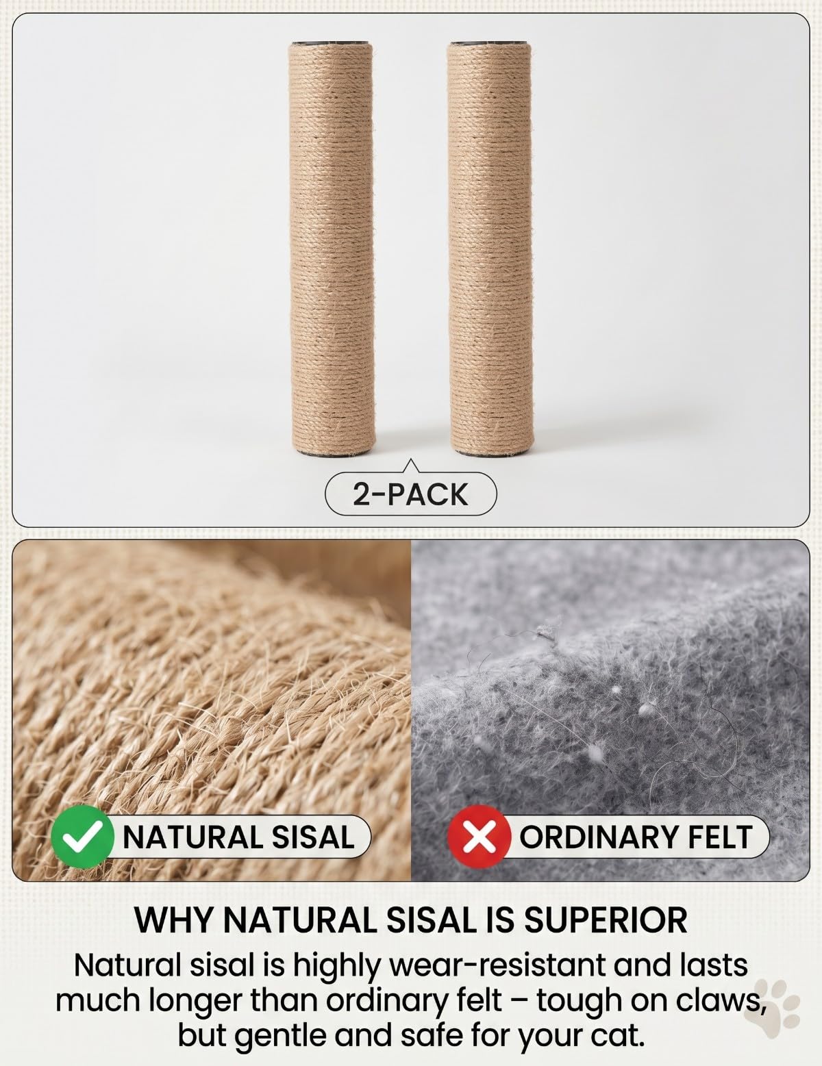 Poteau Griffoir Chat de Remplacement en Sisal Naturel - 34 cm, Compatible M8, Écologique - 2 Pièces avec Vis et Clé