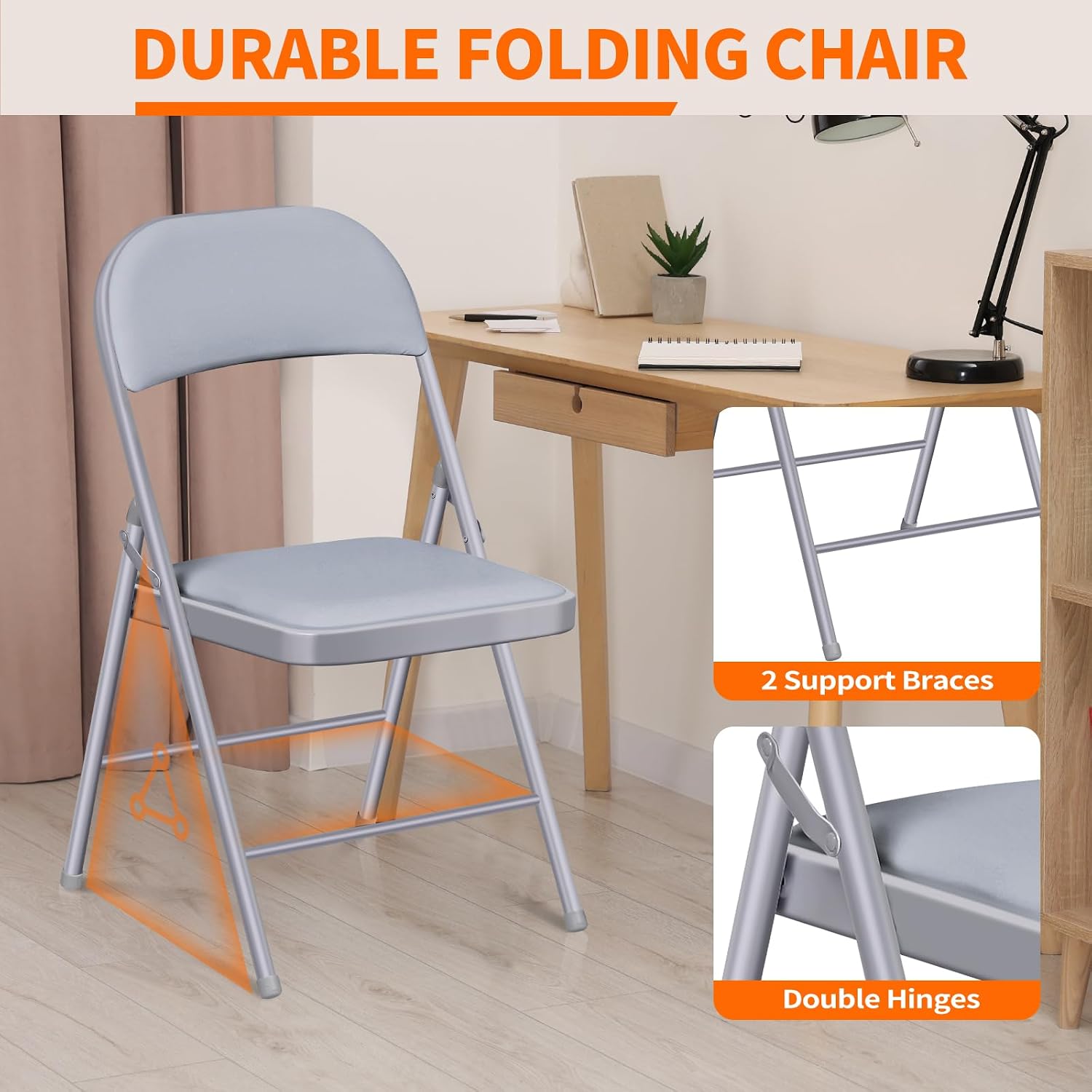 Fenbeli Folding Chairs with Padded Seats - 4 Pack Padded Folding Chair with Steel Frame for Home and Office, Indoor and Outdoor Events, 330 Pound Capacity (Grey, Set of 4)