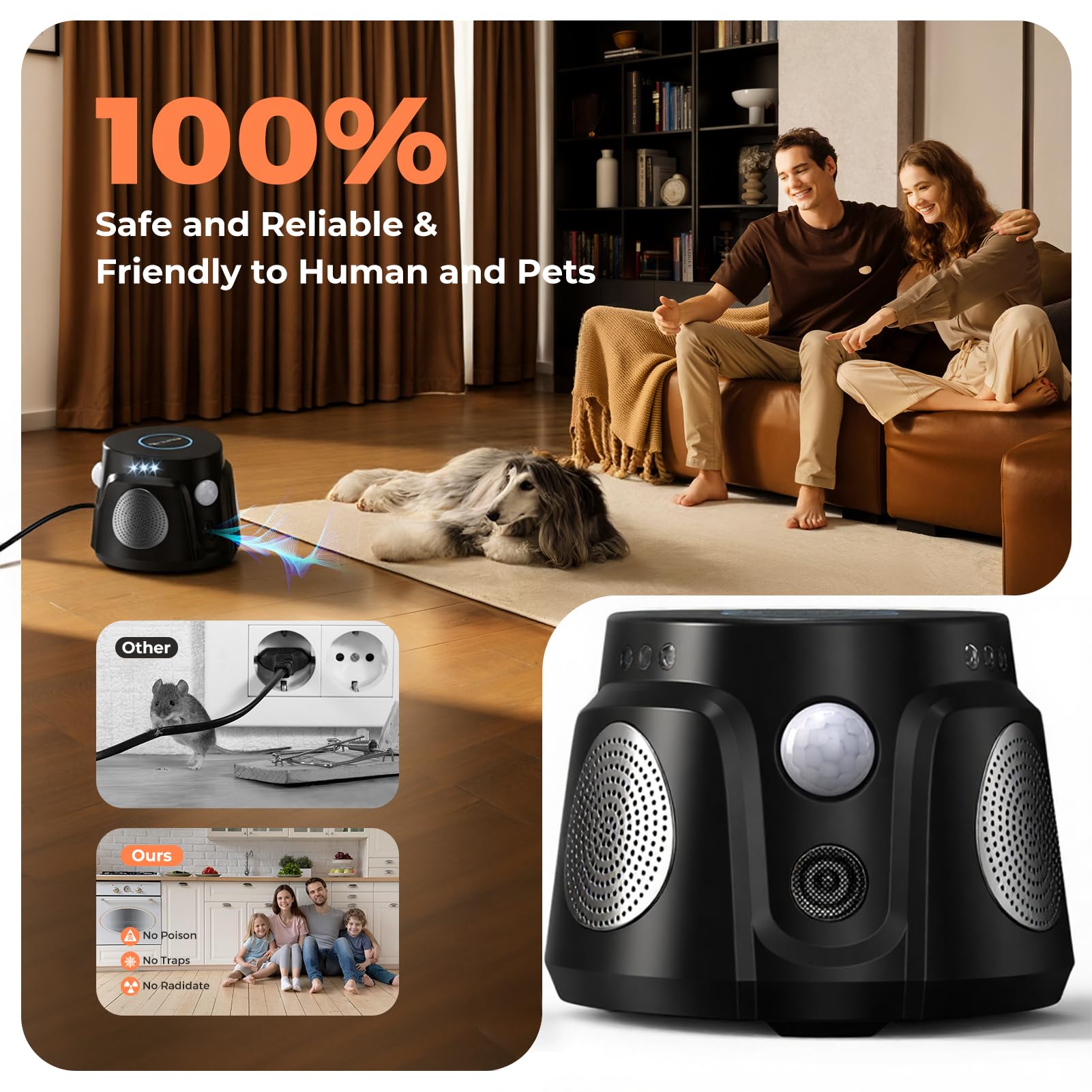 Ultrasons Souris et Rats avec 3 Emetteurs à Ultrasons, 3 Modes Anti Souris Répulsif Souris Brancher avec 9 Lumières Stroboscopiques, 360° Anti Rongeurs pour Rat Araignée Moth
