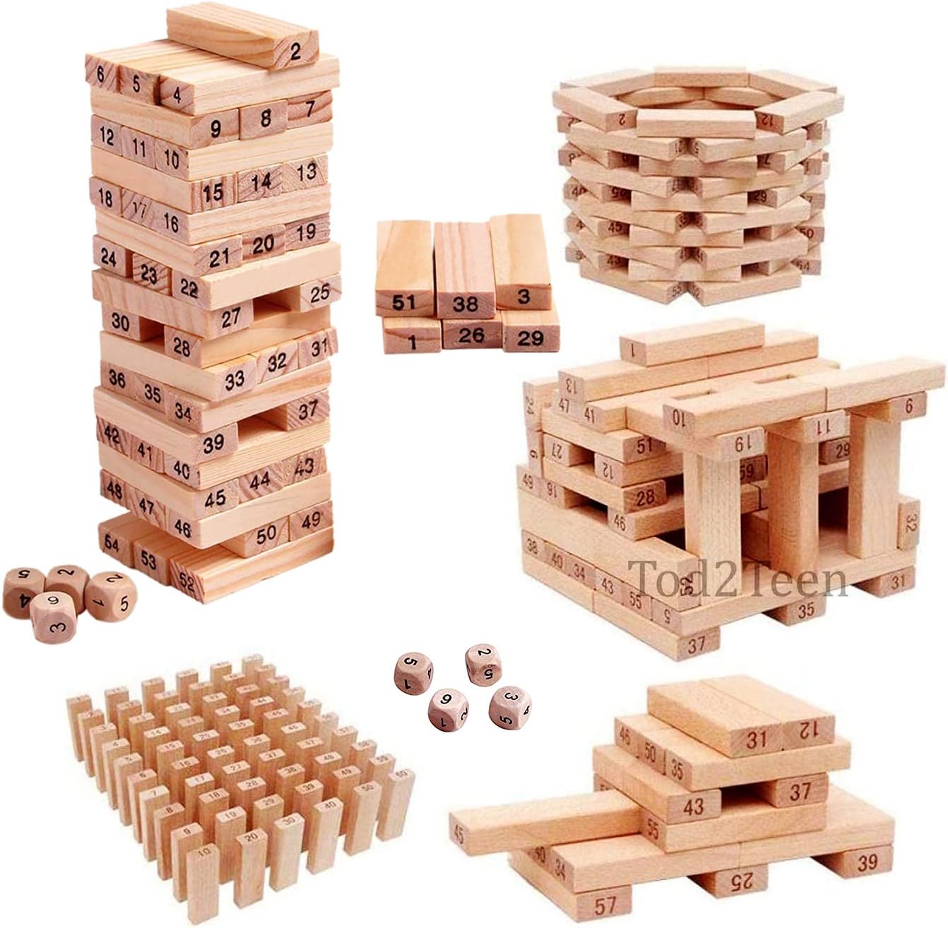 Tod2Teen 54 Pcs Wooden Zenga Building Blocks Puzzle Game and 3 Dice - Challenging, Stacking and Balancing - Maths Stackers, Tumbling Tower Game for Kids and Adults.