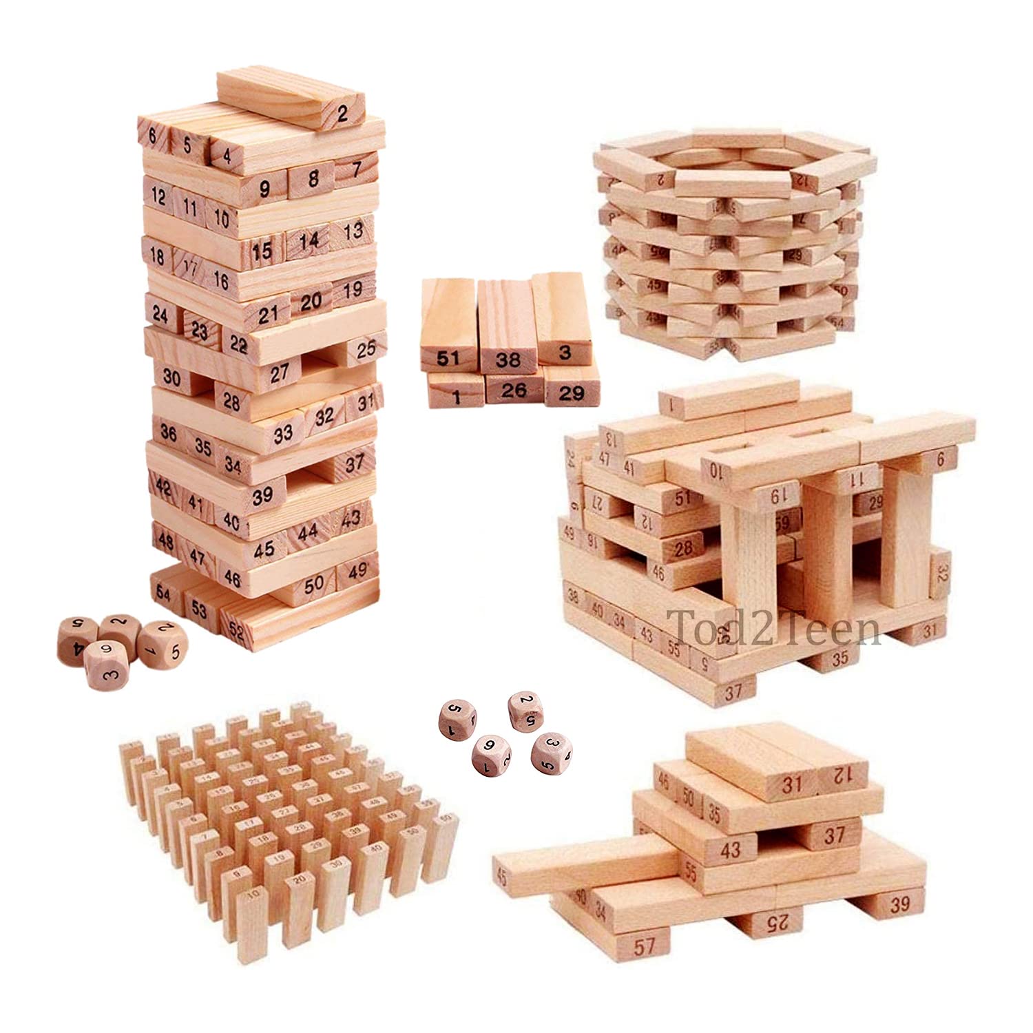 Tod2Teen 54 Pcs Wooden Zenga Building Blocks Puzzle Game and 3 Dice - Challenging, Stacking and Balancing - Maths Stackers, Tumbling Tower Game for Kids and Adults.