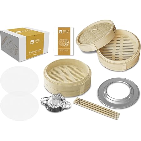 BELLA COOKS Bamboo Steamer for Cooking - Steamer Basket with a Ring - Fits every Pan & Pot - Dumpling Steamer - Incl. Extra Chopsticks & Silicone Liners