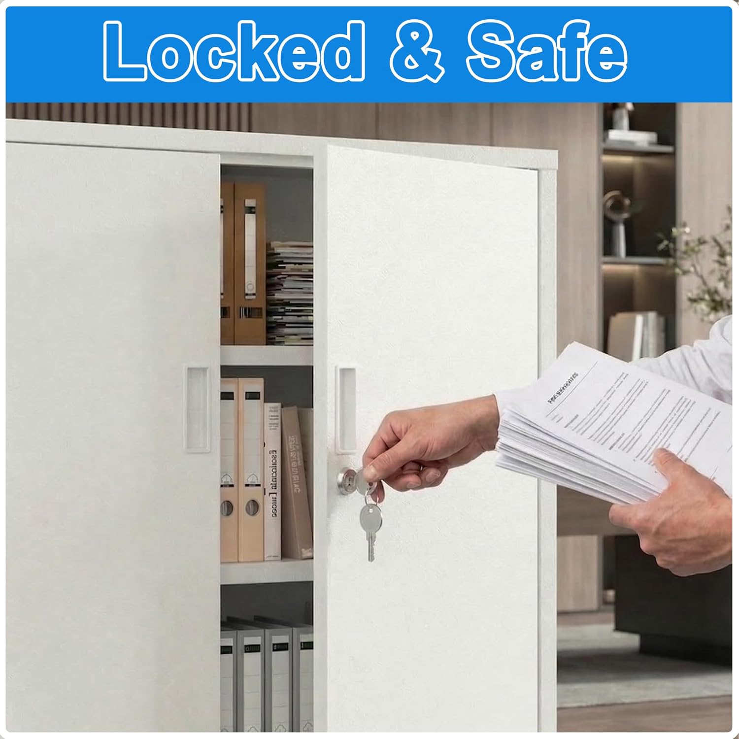 BESFUR Metal Storage Cabinet with Lock and 2 Adjustable Shelves, 36" H Lockable Storage Cabinet for Home, Office, Garage, Utility Room and Basement(White)