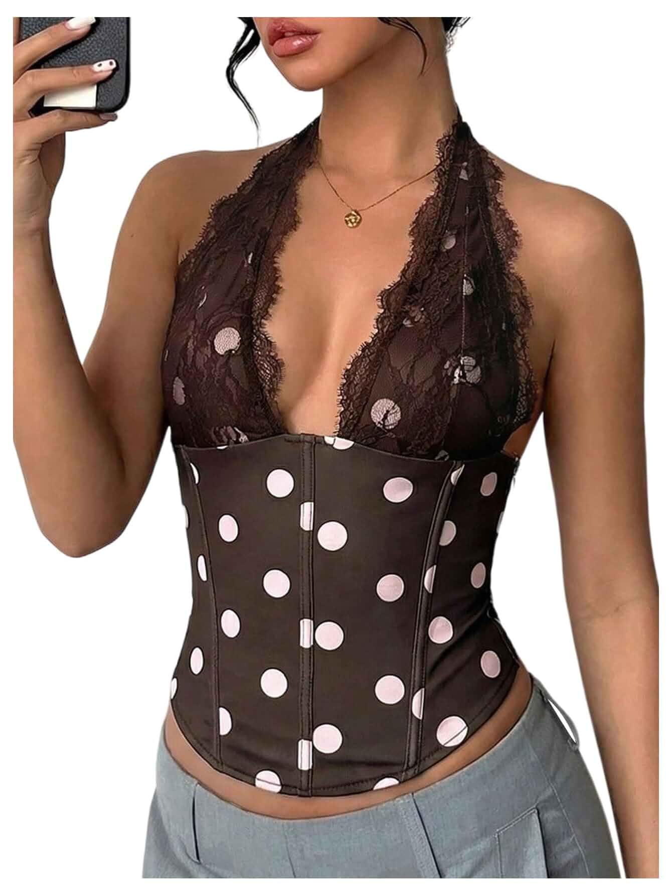BEAUDRM Women's Polka Dots Corset Halter Tops Y2k Lace Open Back Sleeveless Party Club Going Out Crop Tops