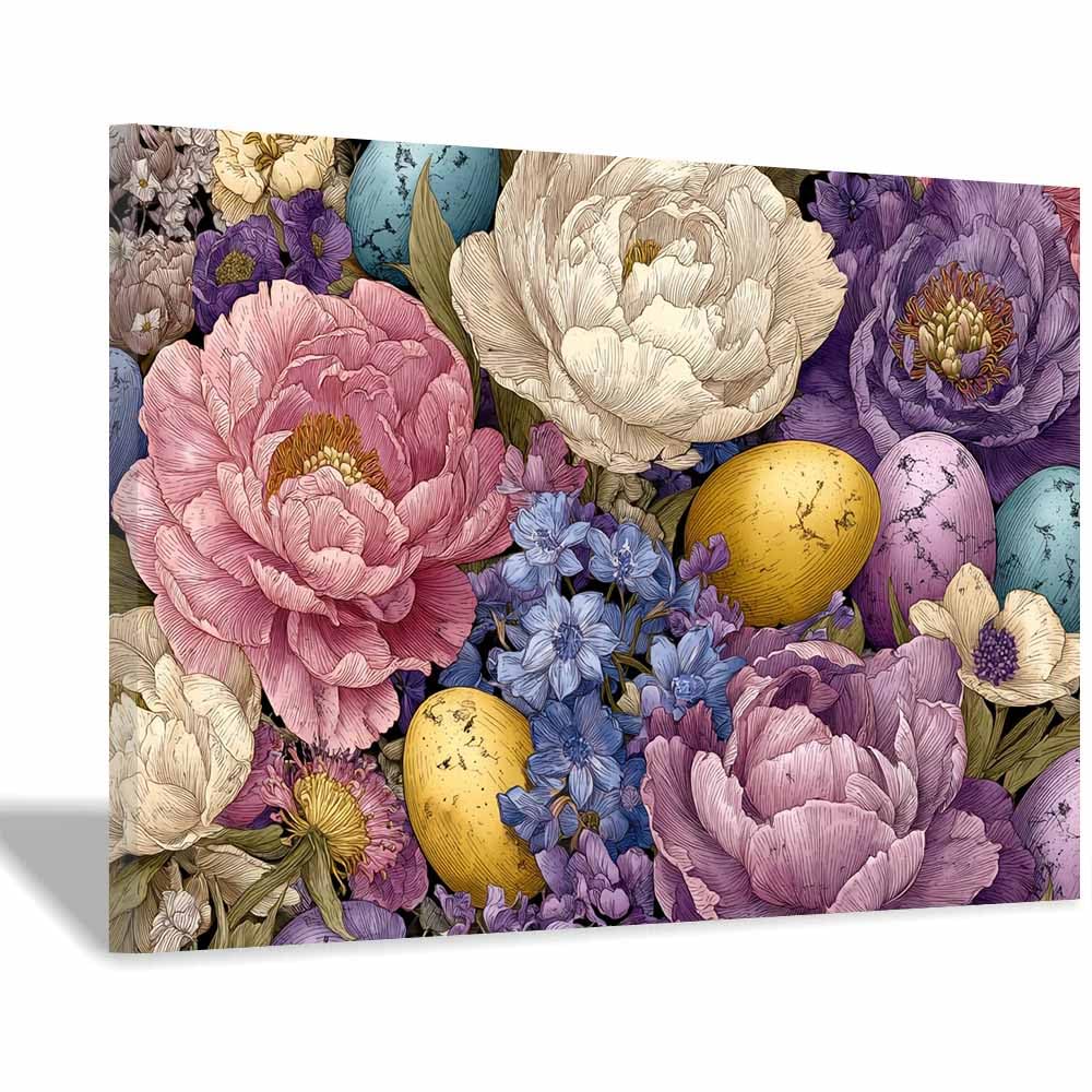 HOQIU impresión en lienzo Estampado de huevos florales de Pascua lienzo arte pared flor, cuadros decoracion, Salon para Dormitorio, Baño（Multicolor-70x100cm Enmarcado