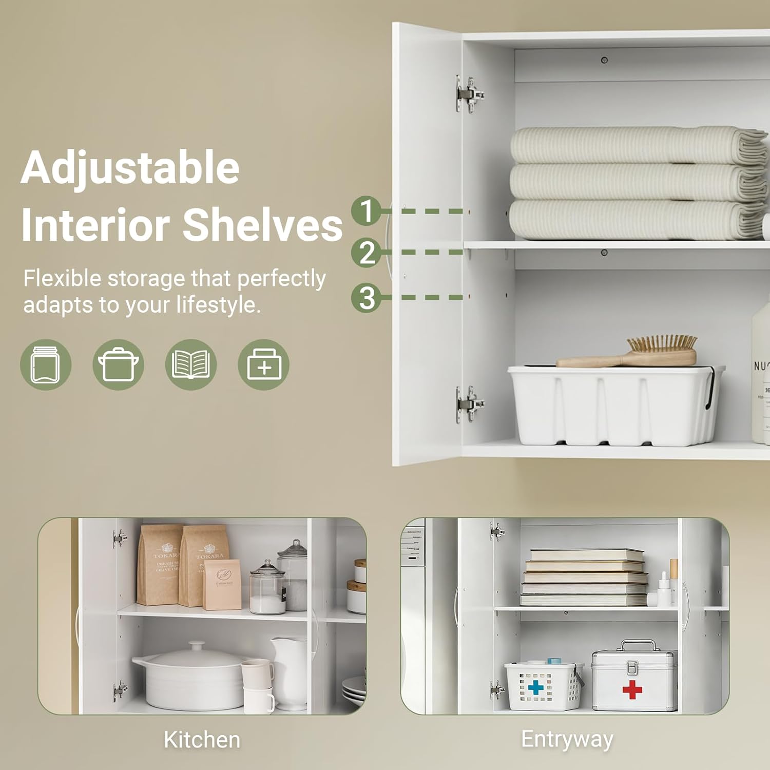 SoBuy Wall Cabinet Laundry Room, Medicine Cabinet for Kitchen Bathroom Garage, Wall Storage Cabinet with Adjustment Shelves, White FRG231-L-W