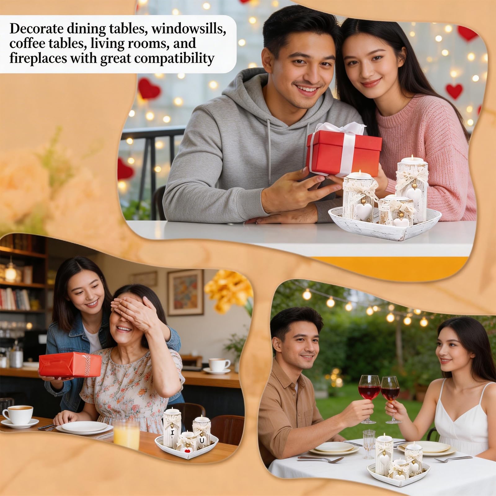 Set di 3 vassoi e portacandele in legno, a forma di cuore, per Natale, matrimonio e tavolo da pranzo