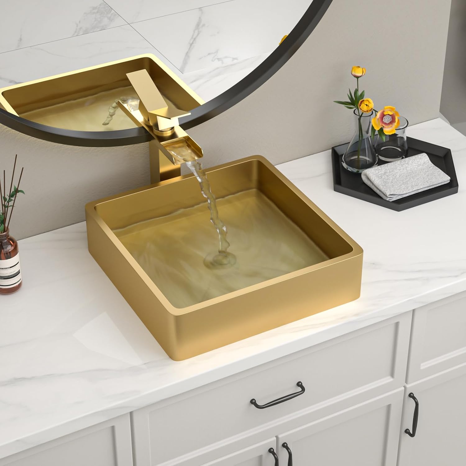 15" Gold Bathroom Vessel Sink, Lofeyo 15x15 Inch Gold Vessel Sink Stainless Steel Above Counter Bathroom Sink 16 Gauge Nano Titanium Plating Square Vessel Sinks, LOF-BS1515G