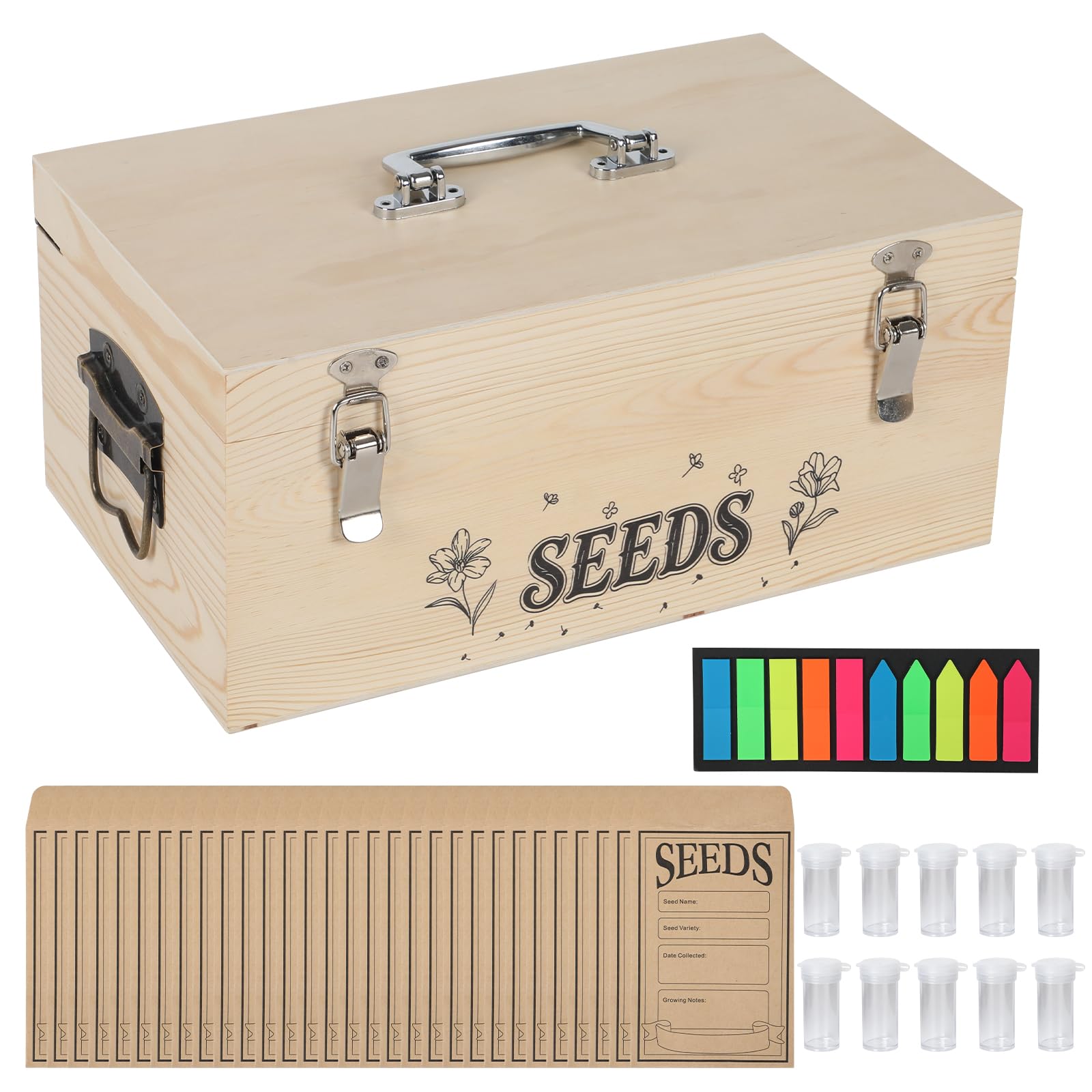 Boîte de rangement pour semences, en bois, avec 60 enveloppes de semences, autocollants et 10 bouteilles en plastique, rangement de semences avec séparateurs amovibles pour graines de légumes