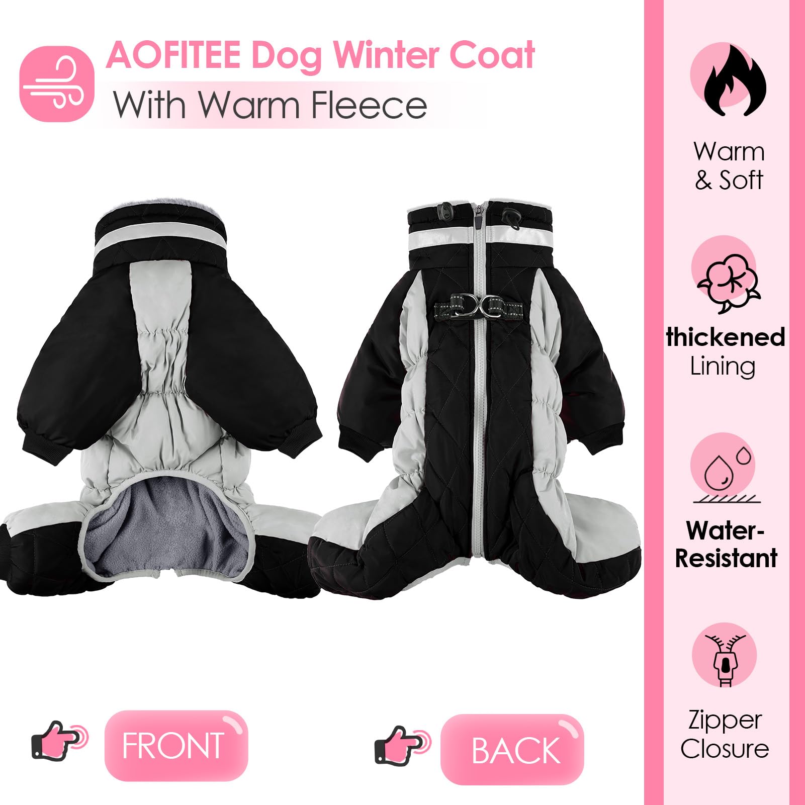 AOFITEE Small Dog Coat Warm Dog Jacket Winter, Windproof Dogs Winter Coat with Harness Built in - Image 3