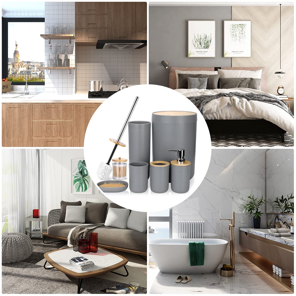 JOTOM Juego de accesorios de baño de bambú de 7 piezas de accesorios de baño de plástico moderno de lujo, soporte para cepillo de dientes, vaso, soporte Qtip, juego de cepillo de inodoro, jabonera,