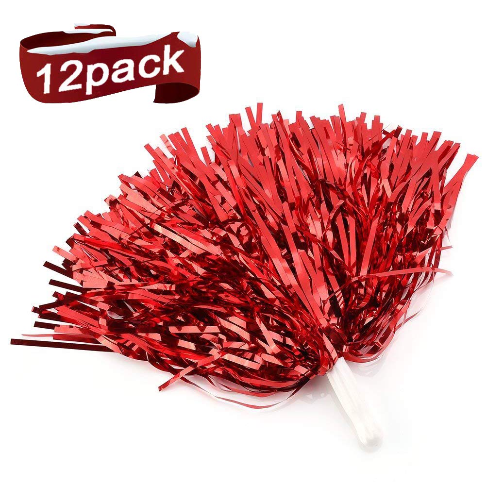 Comicfs12 PCS Cheerleading Pom Poms Sports Dance Cheer Metallic Foil Pom Pom with Plastic Handles for Sports Team Spirit Cheering, Party Dance Sports (Metallic Foil- Red)