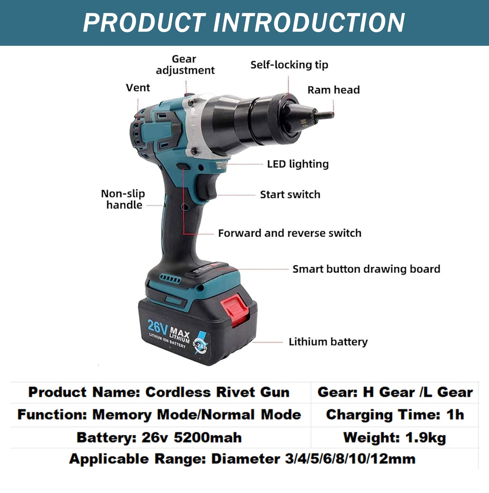 Remachadora inalámbrica portátil | Remachadora de Tuercas | para Tuercas M3 M4 M5 M6 M8 M10 M12 | Pistola de Tuerca Remache automática | para remachar sin Esfuerzo