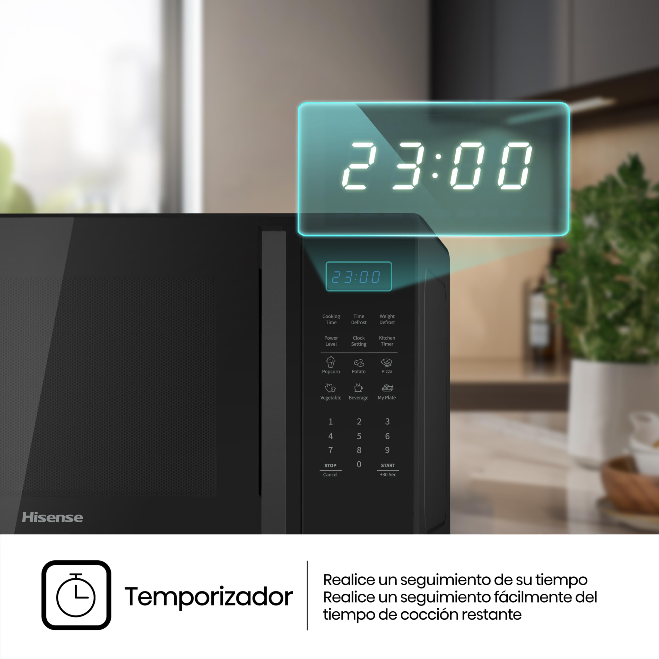 Hisense H29MOBS9H - Microondas Digital 29L, 900W, Revestimiento Cerámico, Cristal Premium, 10 Niveles de Potencia, Cocción Multifase, Función Descongelación, Fácil Limpieza, Negro