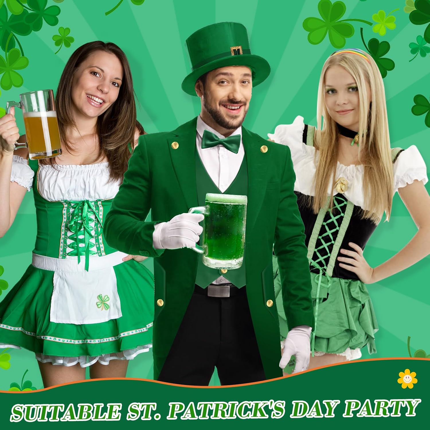 3 PCS ST. Patrick's Day Costume Men Adult Green ST Patrick Day Costume with Steampunk Green Top Hat Bow Tie