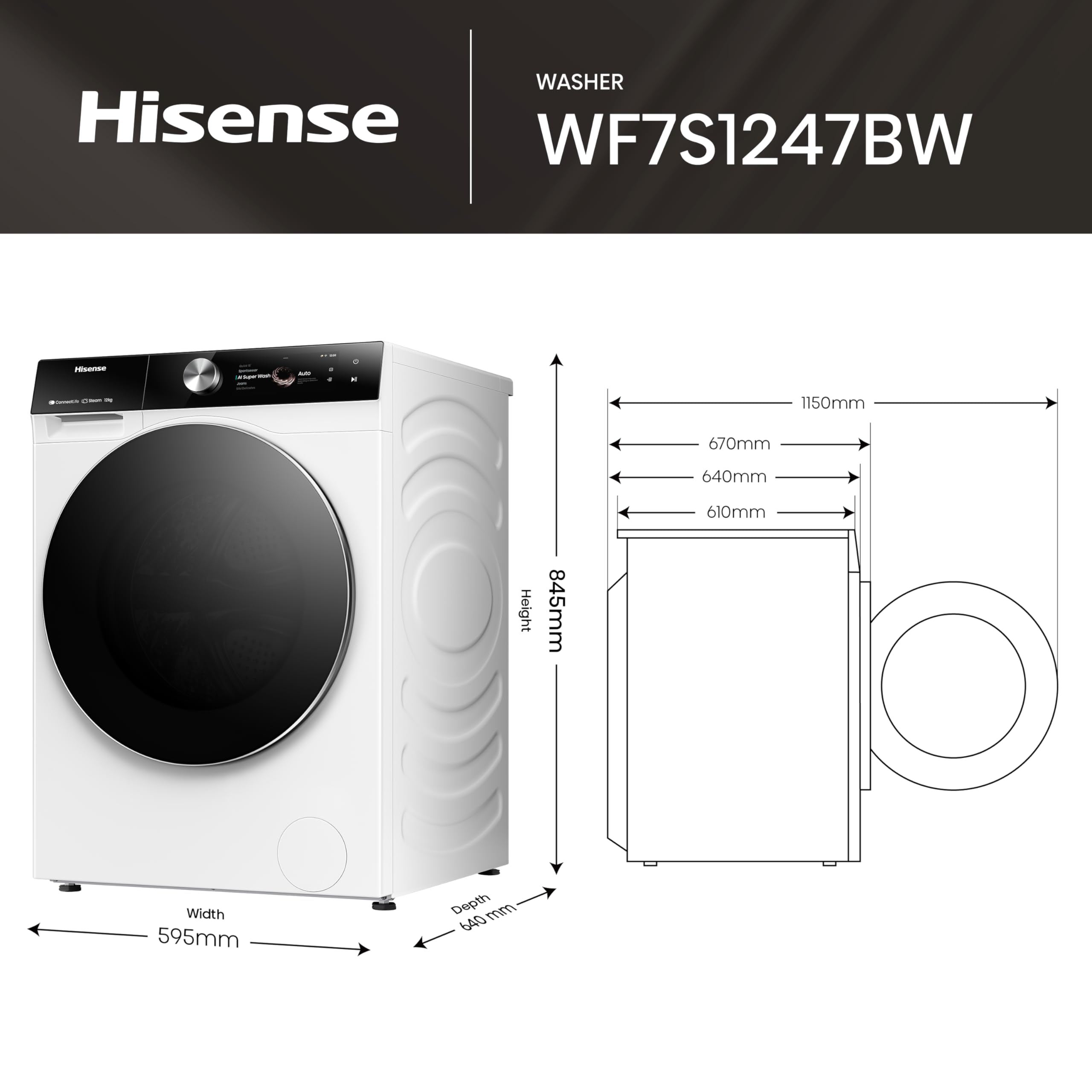 Hisense WF7S1247BW - Lavadora, Clase A, 12 Kg, Pantalla Táctil, Auto Dosificación, Conectividad WiFi, Monitor de Consumo, Lavado Rápido 15', Finalización Diferida, Blanco