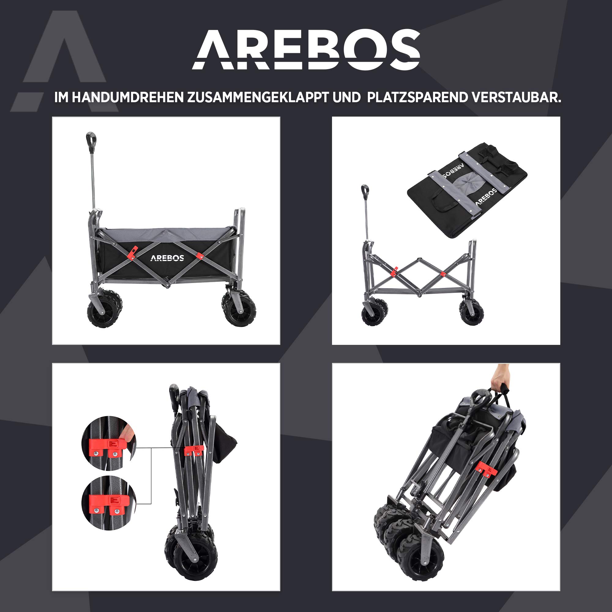 Arebos Bollerwagen faltbar | Handwagen | Faltwagen | Gerätewagen | klappbar | bis 100 kg Tragkraft | Wasser- & schmutzabweisend | Schwarz