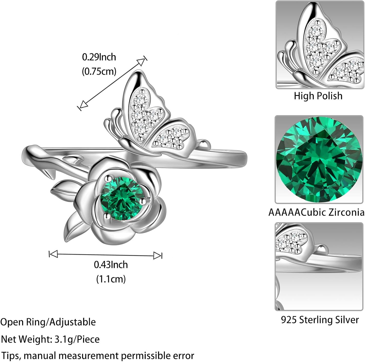 Jewmon Butterfly Rose Birthstone Ring for Women Valentines Day Gifts for Her 925 Sterling Silver Butterfly Birth Stone Ring Elegant Rose Promise Ring Birthstone Jewelry Gift for Girlfriend Wife - Image 6