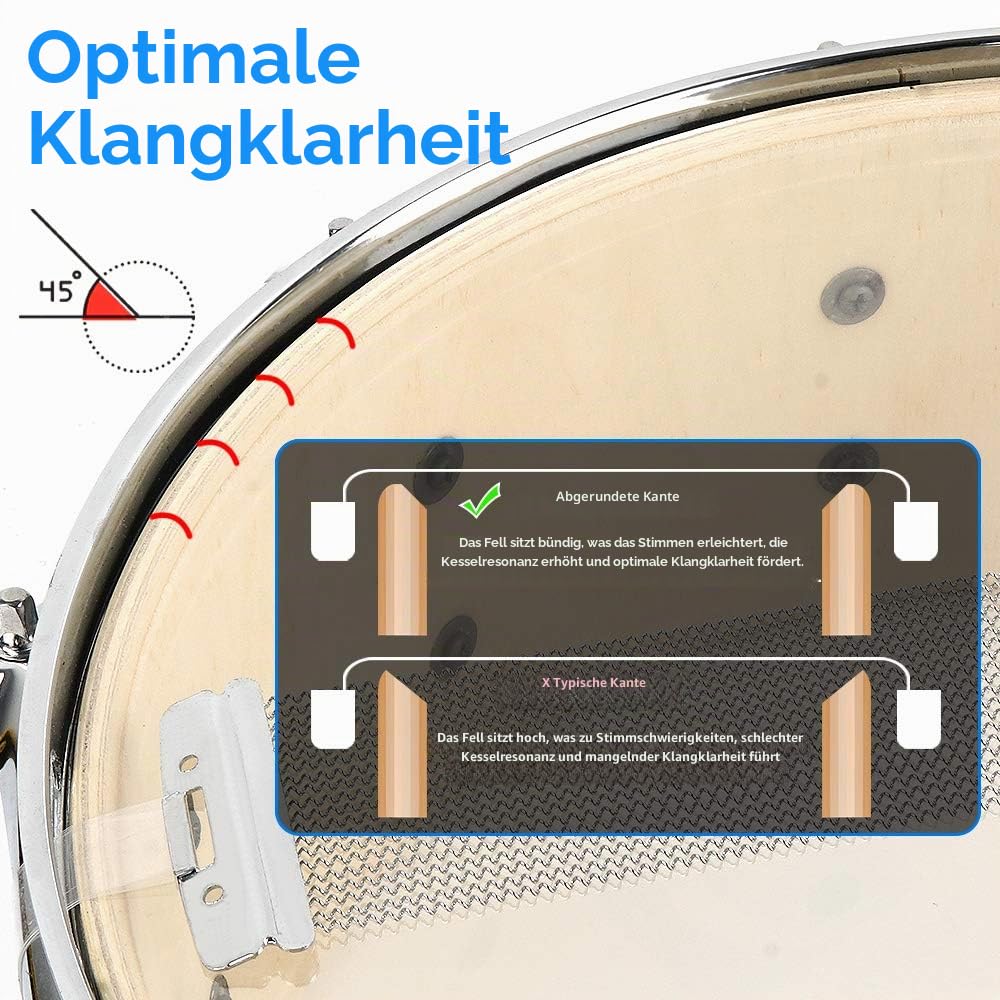 Vangoa Snare Drum 14 Zoll Ahornholz Cavity Kleine Trommel Akustik Schlagzeug Snaredrums mit Snare Drähten, Geeignet für Profis, Studenten und Anfänger