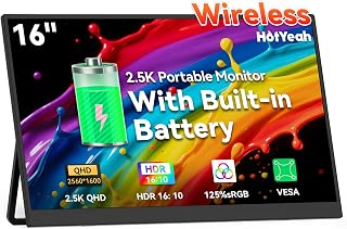 HotYeah 16" 2.5K Wireless Portable Monitor with Battery, AirPlay Miracast, Auto-Rotation IPS Screen for Laptop MacBook Phone