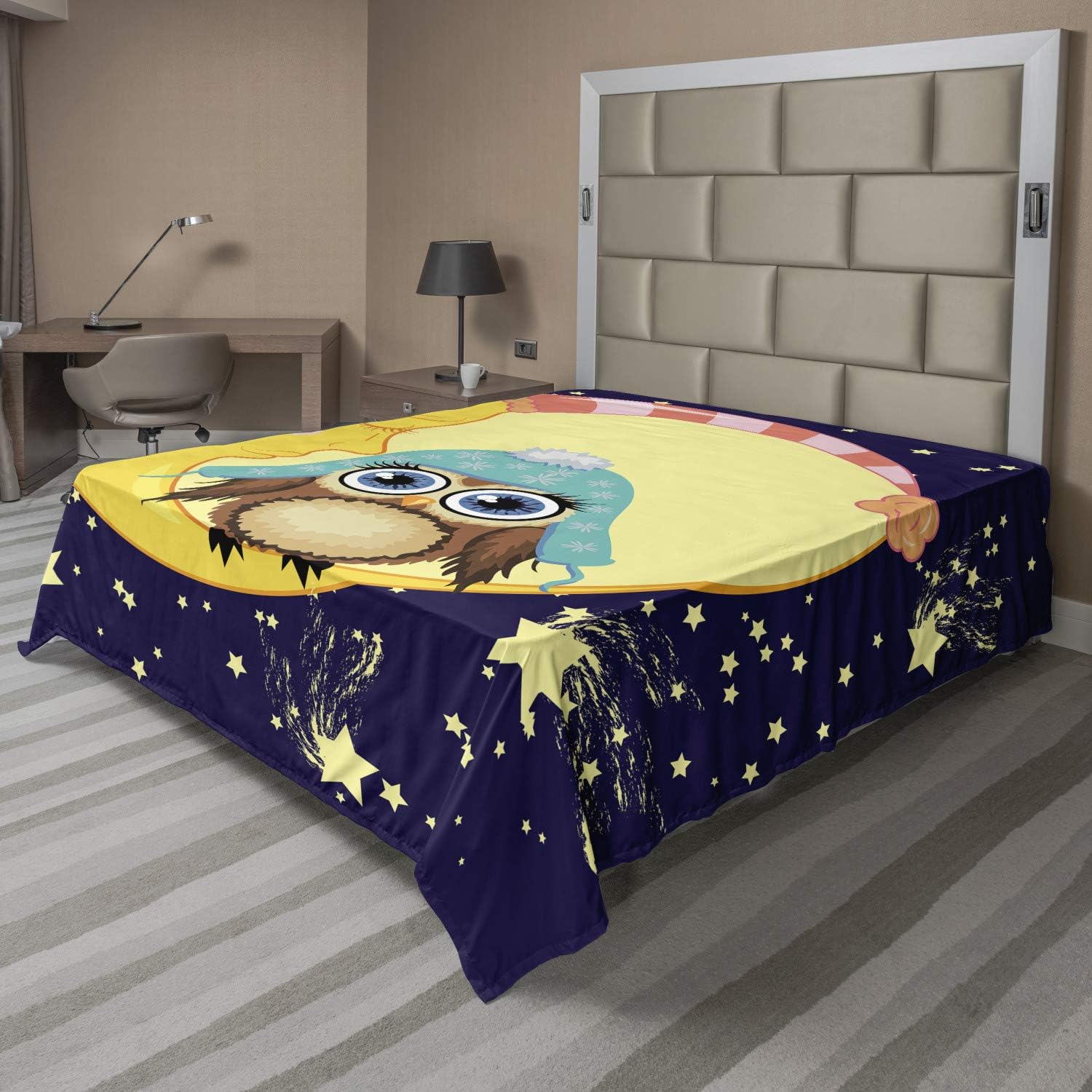 Ambesonne Saying Flat Sheet, Themed Cartoon of Owl and Moon with Hats on Starry Night, Soft Comfortable Top Sheet Decorative Bedding 1 Piece, Full Size, Multicolor