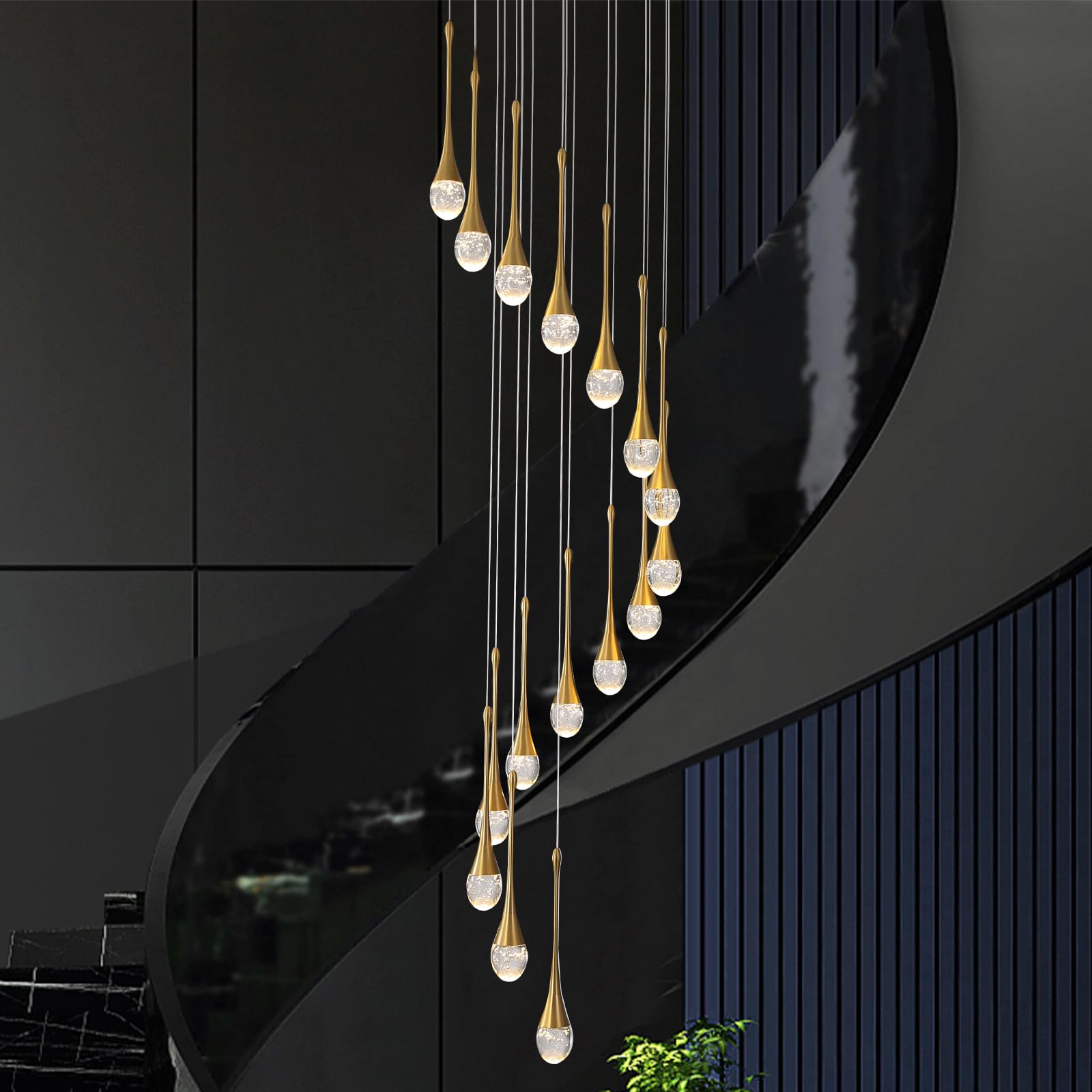 PCXEHUYP Light,138''/350Cm High Black 20Lights Spiral Staircase Chandelierra De Living Room Ceiling Chandeliers Foyer Entrance Crystal Chandelier Raindrops Bub/Black/Black:20Lights