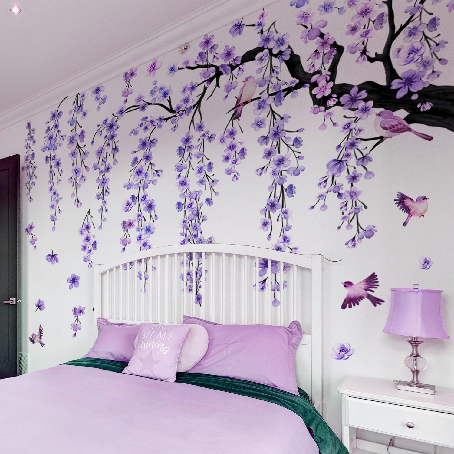 Large Cherry Blossom Tree Wall Stickers,4 Sheets Spring Purple Flower Bird Wall Decals Peel and Stick Wall Murals Decor for Living Room Bedroom (Purple, 11.8 * 35.4inch)