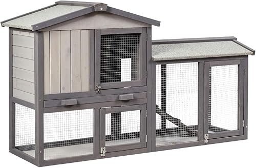 Tangkula Conejera para interiores y exteriores, jaula de conejo de 58 pulgadas con bandeja extraíble y rampa, gallinero de madera con techo