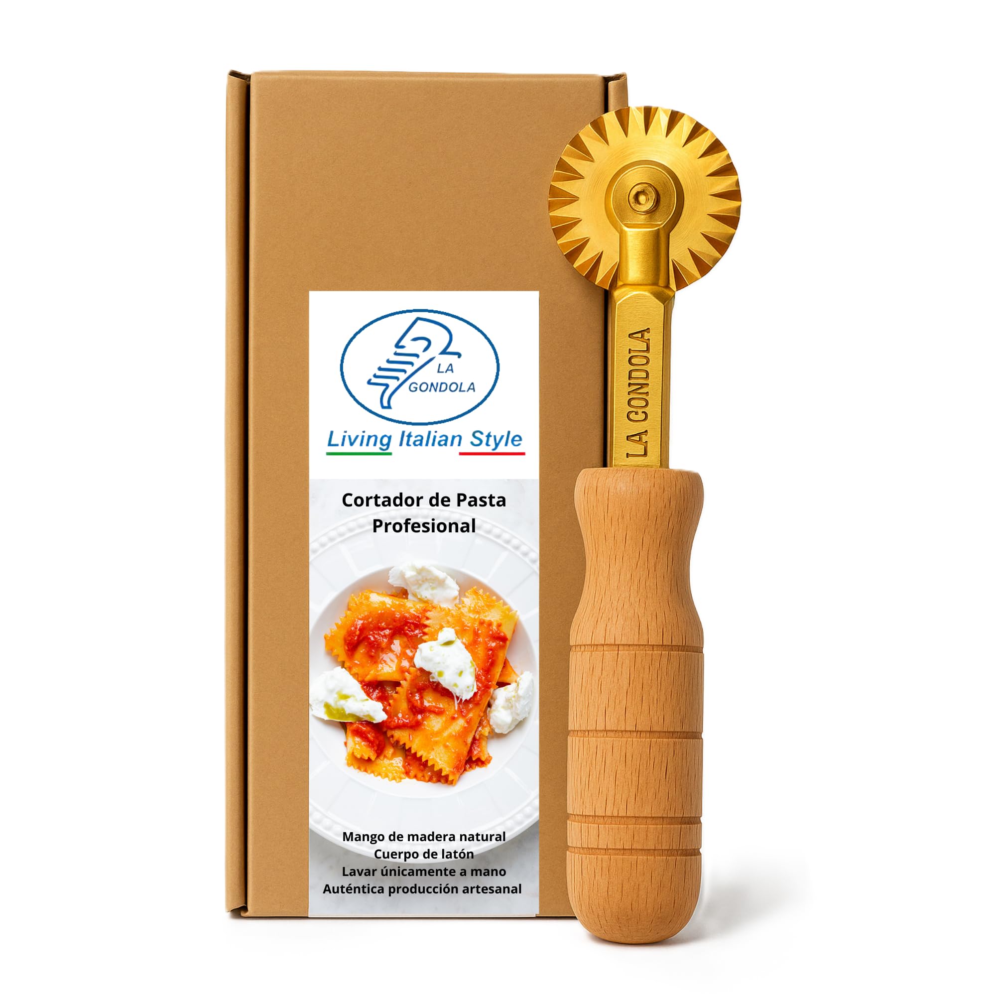 La Gondola Cortador de Pasta Casero - Rueda Festoneada | Utensilios para Pasta Fresca para Casa y Negocio | Latón y Madera | Cortapastas Seguro y Fácil de Usar | Cortador de Raviolis