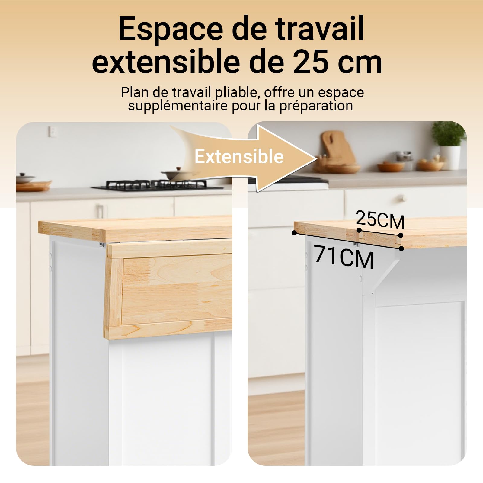 SoBuy Îlot Central Cuisine à roulettes & Plan Pliable, 115x92x(46-71) cm | Desserte Cuisine à roulettes, 2 tiroirs, tablettes réglables, range-couvercles & barre, 98 kg de charge, MDF/PB, FKW71-III-WN