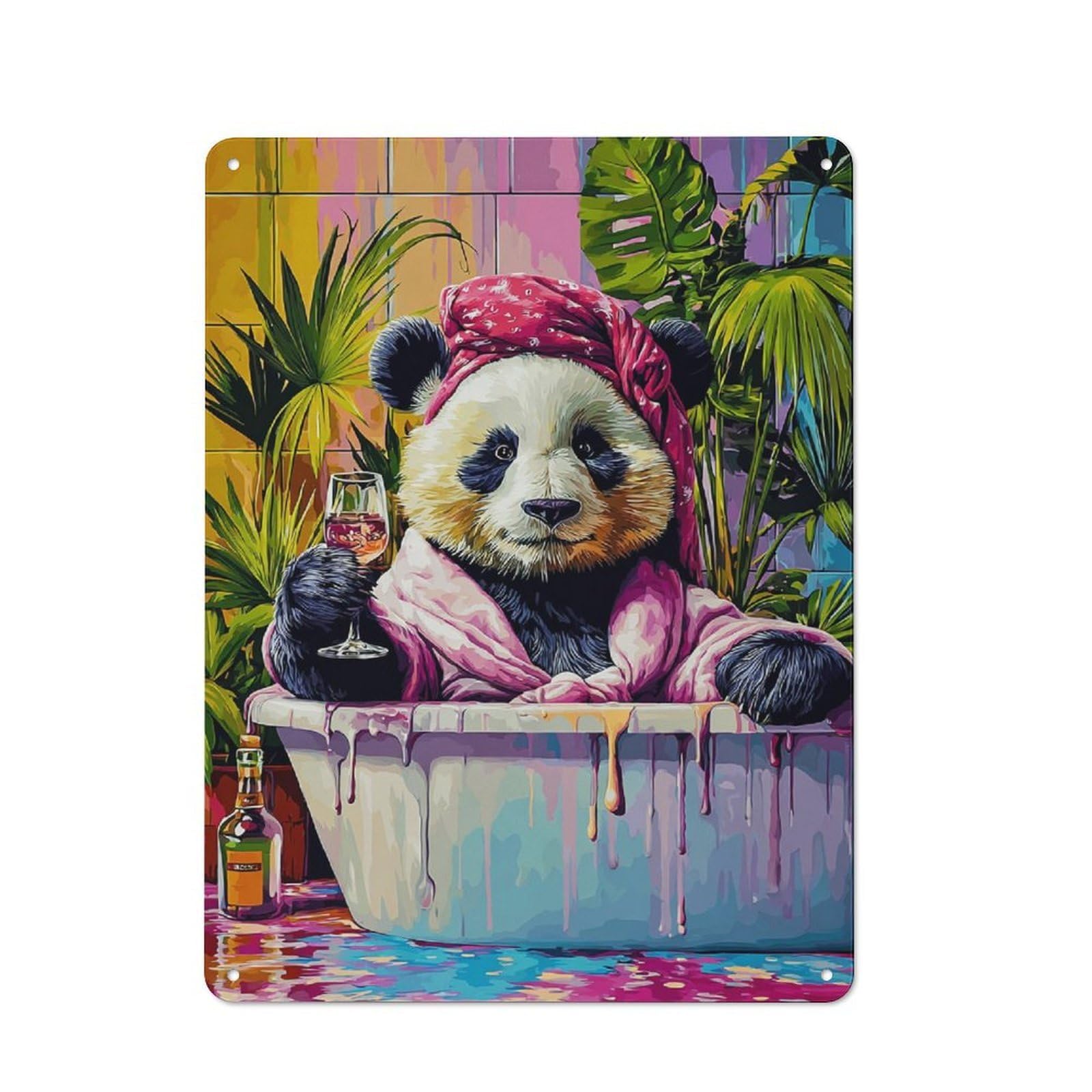 Junmoney Panda Relaxing In Bathtub With Wine Garage Metal Sign 40X30cm, Retro Workshop Wall Decor For Tool Room, Garage, Studio Or Home Bar