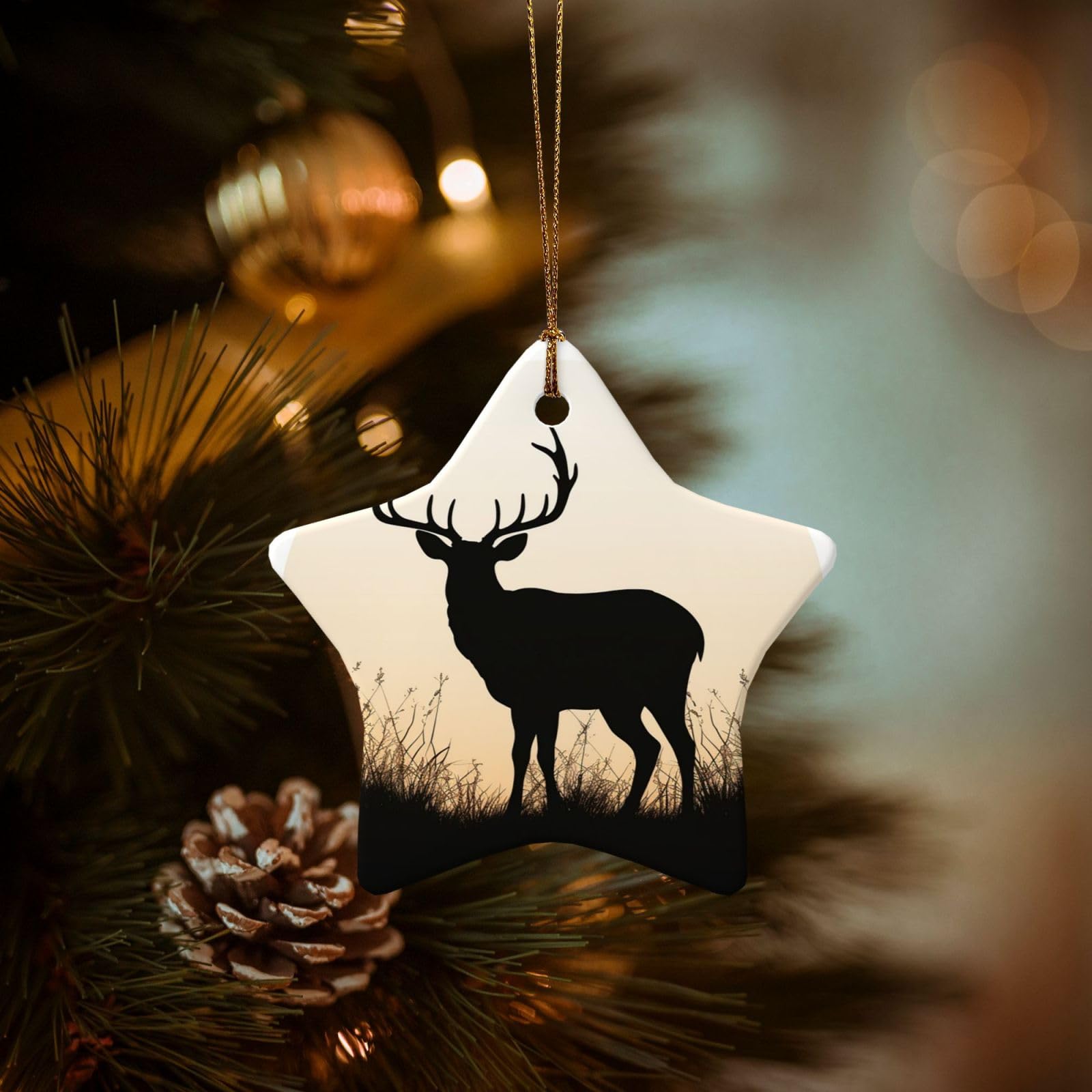 Christmas Tree Ornaments Ceramics Christmas Decorations Deer Silhouette Ornaments with Gold Ribbon Porcelain Xmas Tree Crafts Star Shape Hanging Pendant for Christmas Tree Party Decor