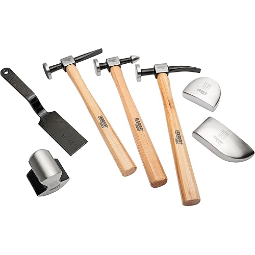 Fairmount Tools 7 Piece Professional Auto Body Hammer and Dolly Set | Short Reach Utility Pick, Cross Chisel Shrinking, Curved Cross Chisel Hammers | Dinging Spoon, General Purpose, Heel, Toe Dollies