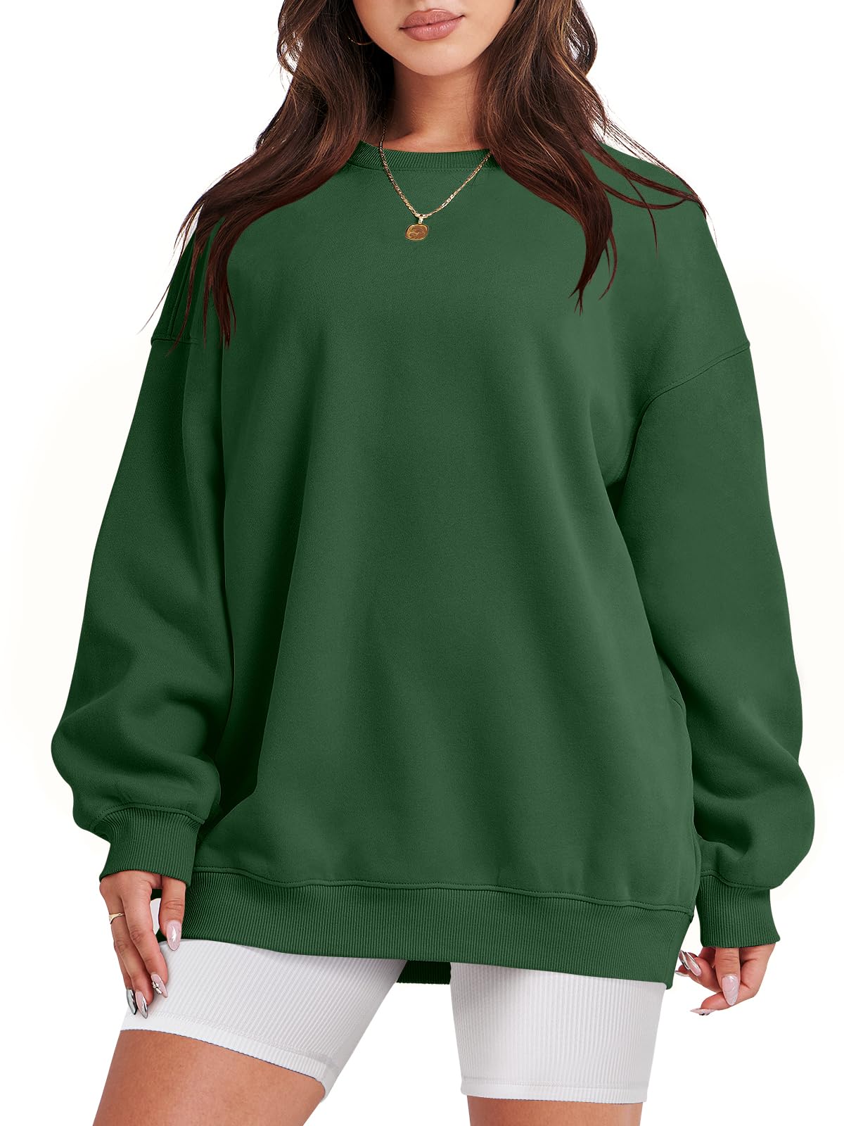 Damskie bluzy oversize bluzy z kapturem polar okrągły dekolt sweter top codzienne jesienne stroje preppy ubrania nastolatki 2024 A1019 światło, Jeden kolor, Deep Green_X-Small