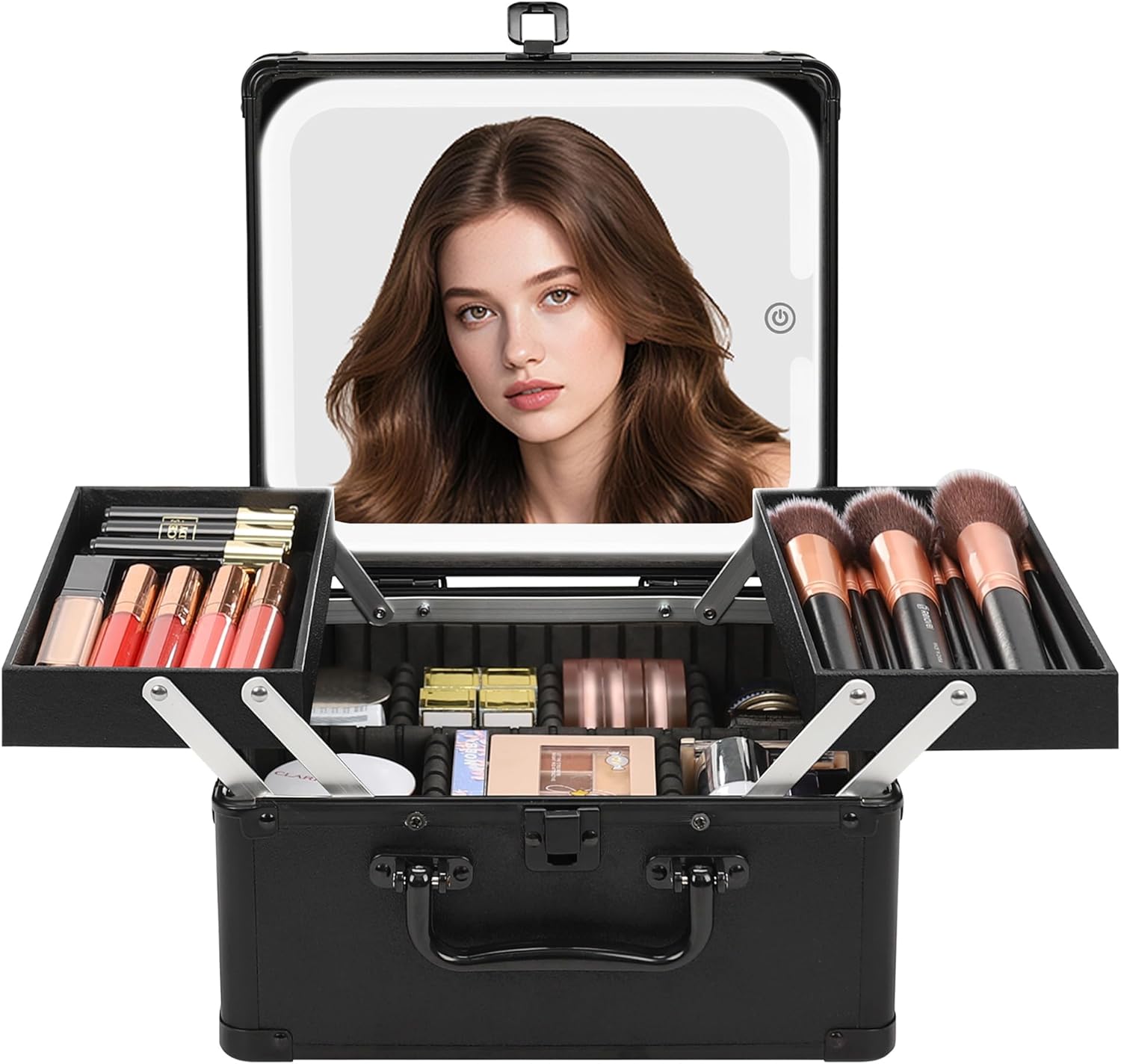 Chomeiu Makeup Bag with Mirror, Travel Train Case Large Cosmetic Organizer with 2 Trays and Vanity Mirror with LED Lights, Brush Holder Storage Box Suitcase for Nail Kits Cosmetics Craft, Black
