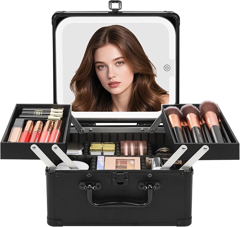 Hard Makeup Case with LED Mirror, Makeup Box Organizer with 2 Trays | Removable 3-color Light Up Mirror, Adjustable Dividers, Easy-to-clean, Sturdy Handle, Compact Aluminum Alloy Cosmetic Case