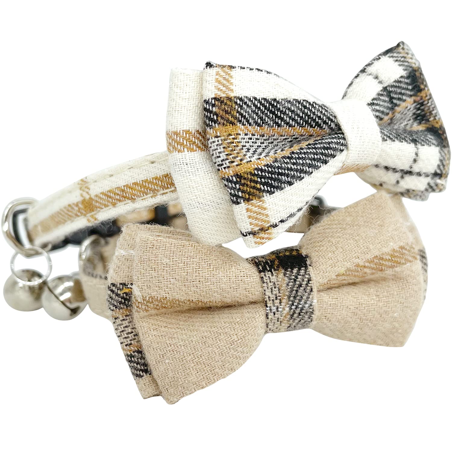 Katzenhalsband-Set, Katzenhalsband, mit niedlicher Fliege und Glöckchen, verstellbar von 19 - 27 cm, weich und bequem für Kätzchen und einige Welpen (beige + braun)