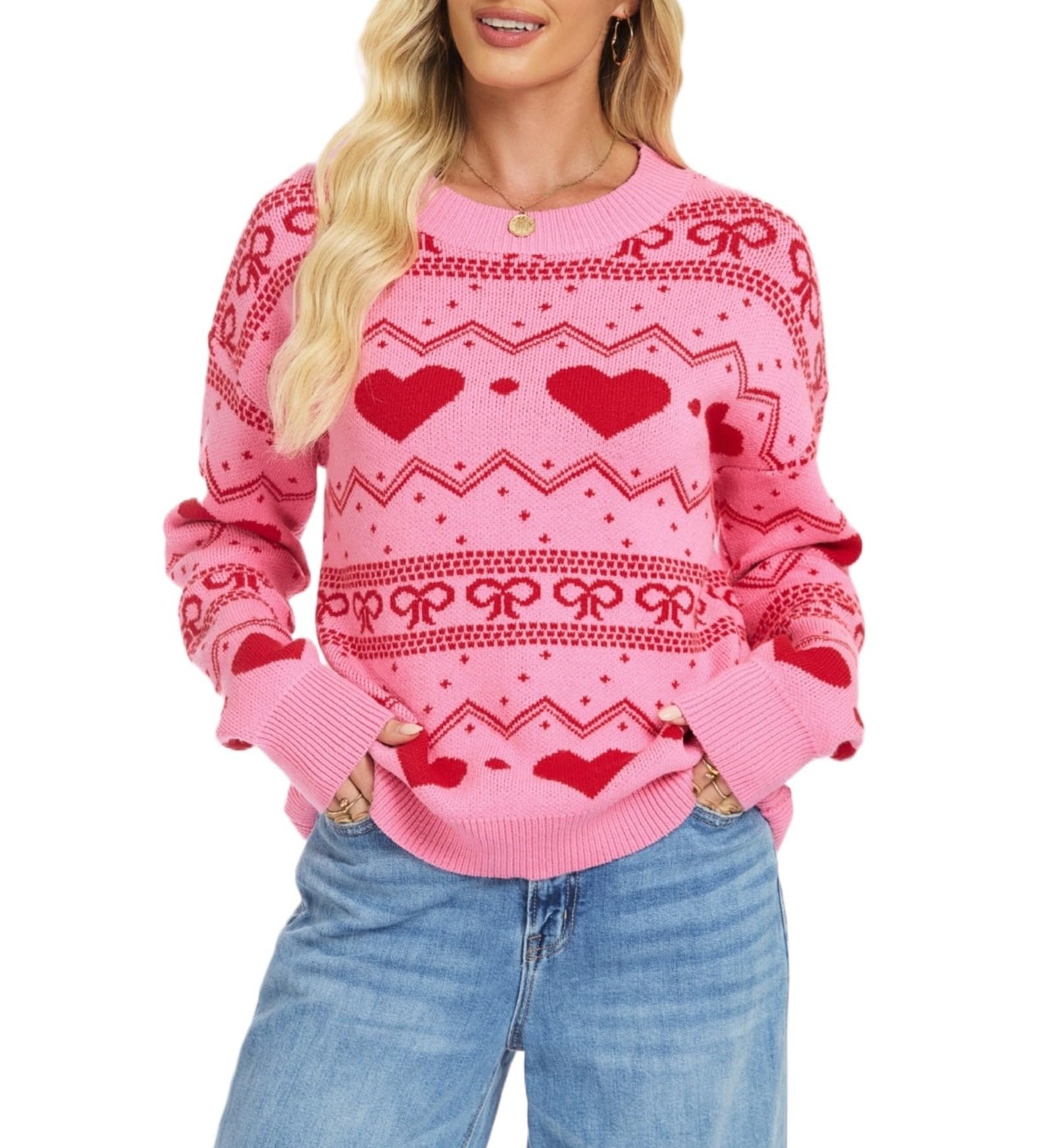 Women Valentines Day Sweater Cute Bow Heart Sweater Love Heart Graphic Knitted Pullover Tops Y2k Winter Clothes-image-42
