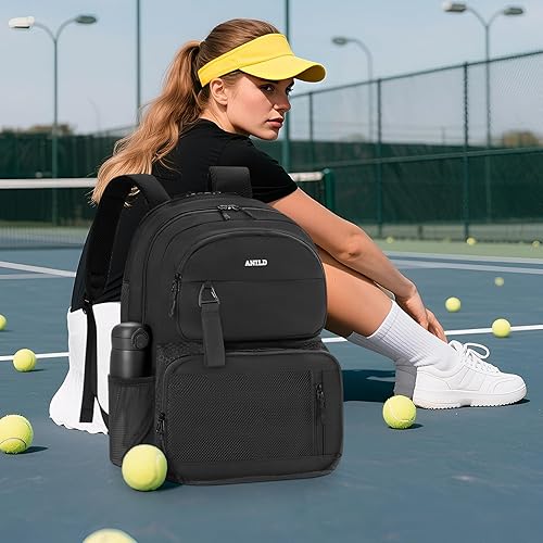 Miniatura 5 de ANILD Bolsa de tenis multideportiva para 2 raquetas con compartimento ventilado para zapatos para hombres y mujeres, Negro, Grande, Bolsa de tenis